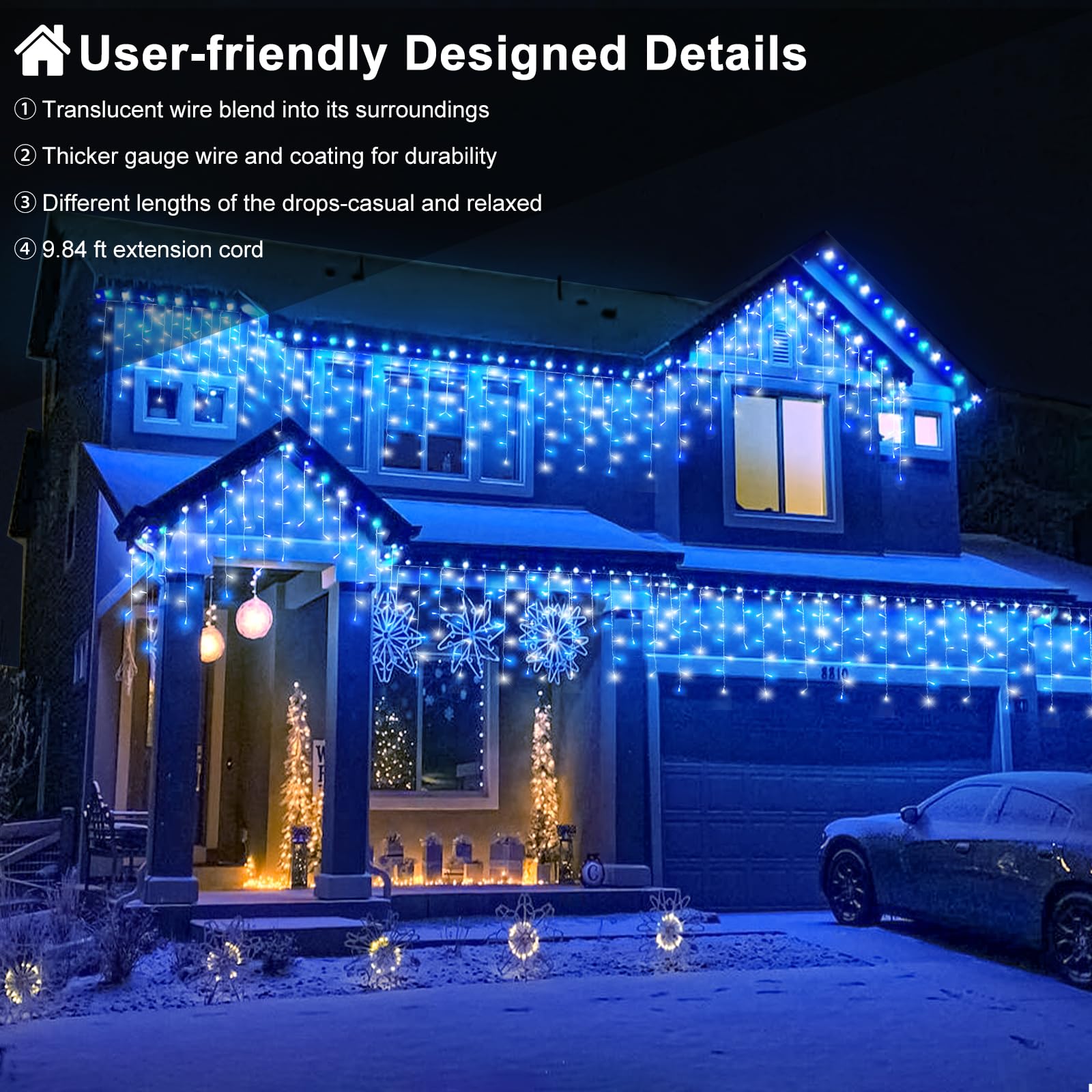 99Ft Blue And White Christmas Lights  1216 Led Icicle Lights For Outside House Clear Wire Twinkle Light With 8 Modes Timer Waterproof For Window Party Tree Holiday Patio Yard Home Decor