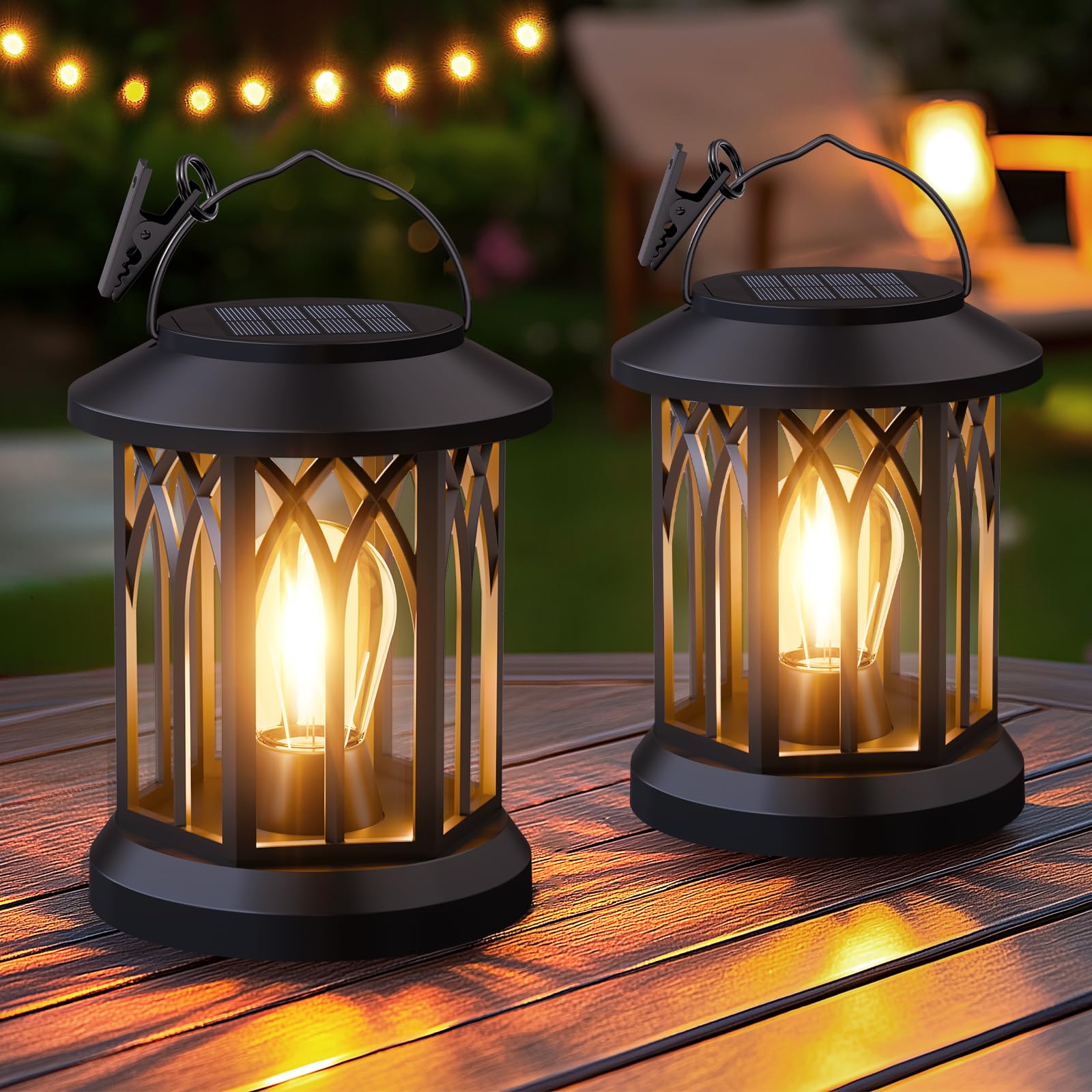 Hanging Solar Lanterns Outdoor Waterproof - 2 Pack Lanterns Decorative Outdoor Patio Decor With Clip Solar Lantern For Outside - Outdoor Lanterns For Patio Garden Waterproof Gifts For Women Mom Family