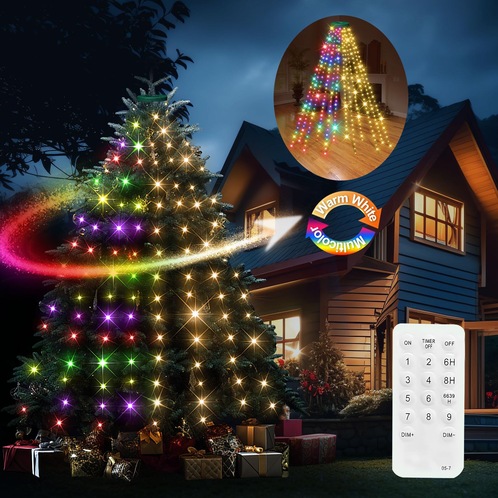 ComfyAura 12 Modes Christmas Tree Lights - 8.2ft String, 348 LED, Waterproof, Dimmable, Warm White/Multicolor for 7.5-9ft Trees