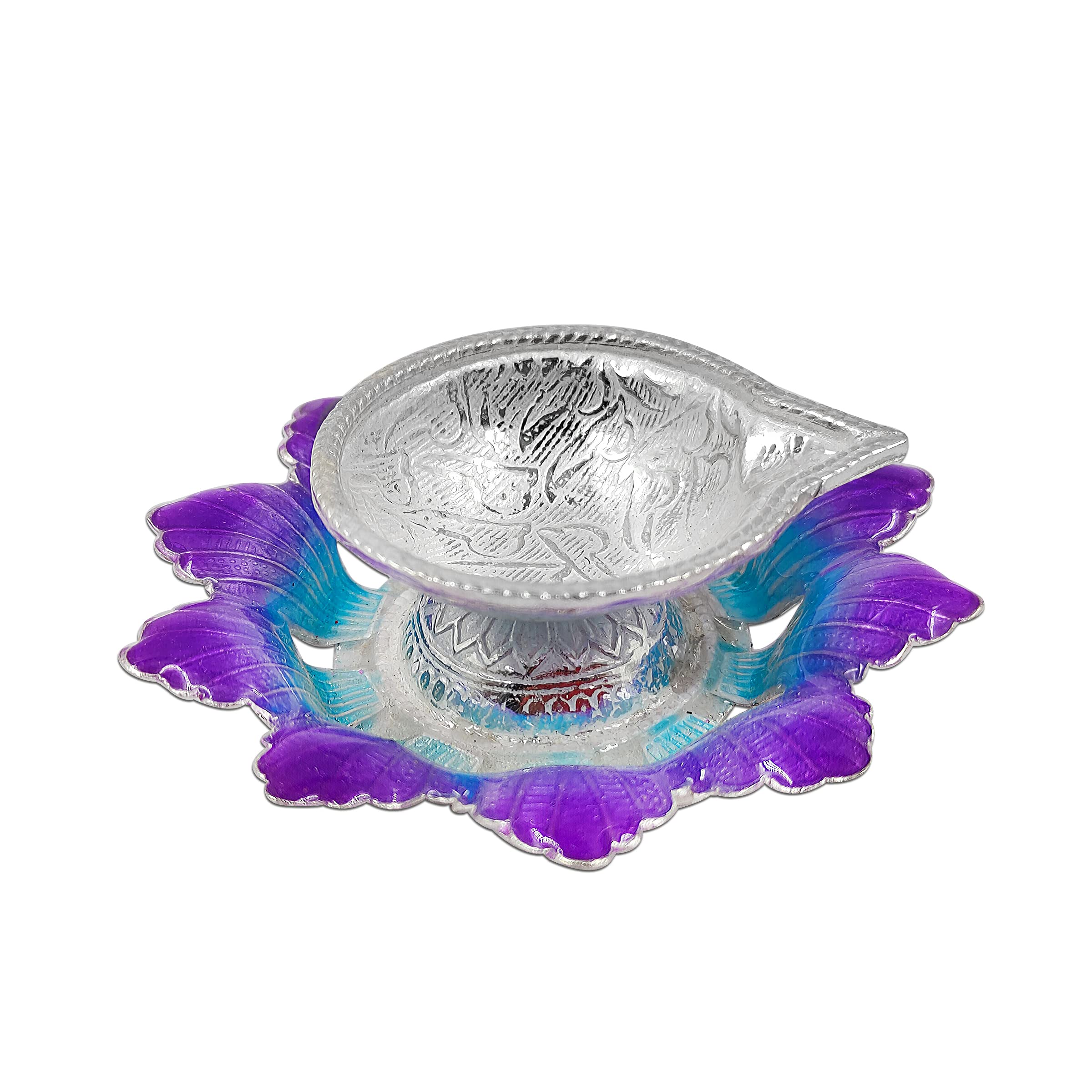 MAA SILVER Diya/Lamp/Deepak with Bluish Purple Flower Shape Base Perfect for Gift and Pooja Purpose (20 Grams Silver)