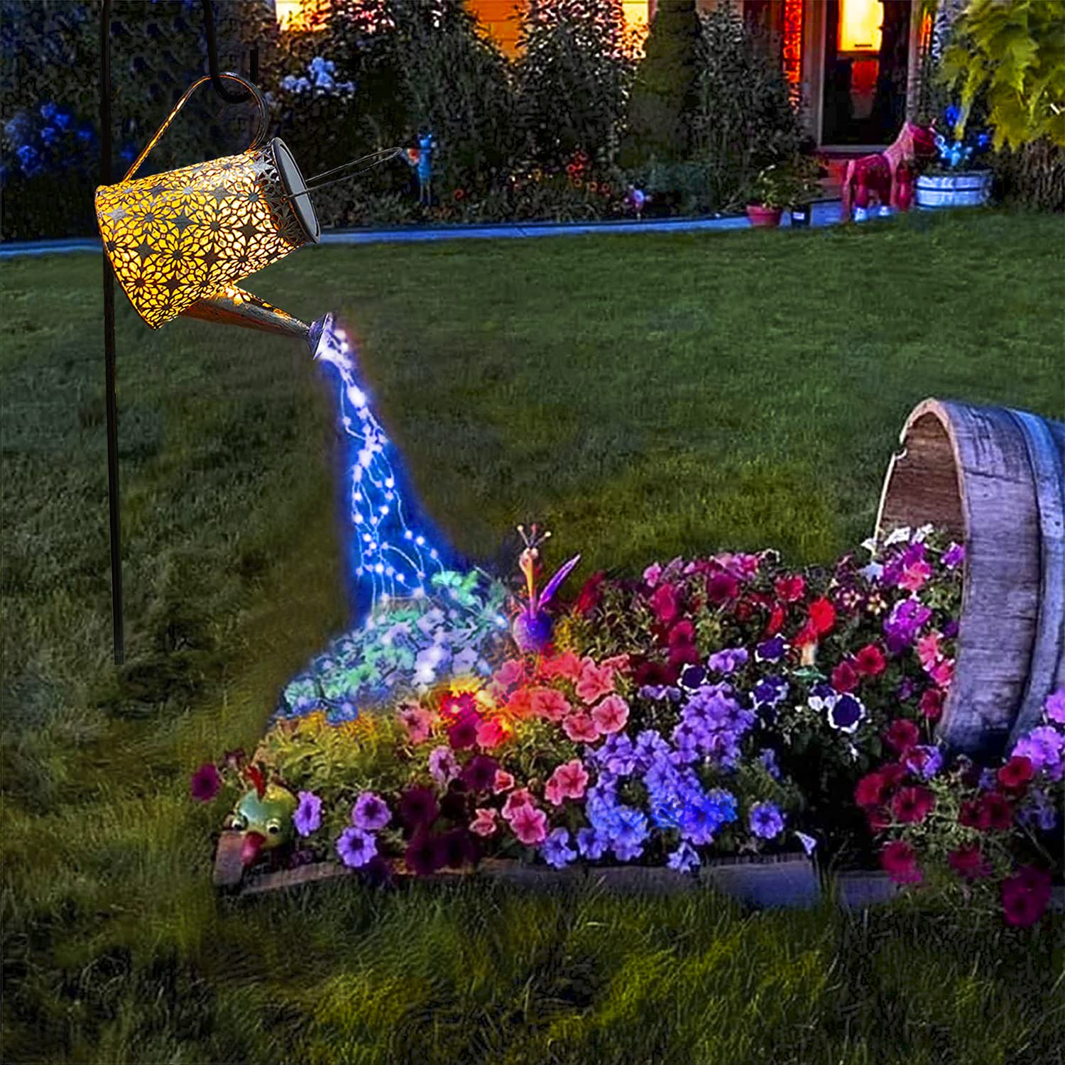 VOOKRY Solar Watering Can Lights, Waterproof Metal Lantern, 1 Pack, Blue for Patio, Yard, and Garden Decor