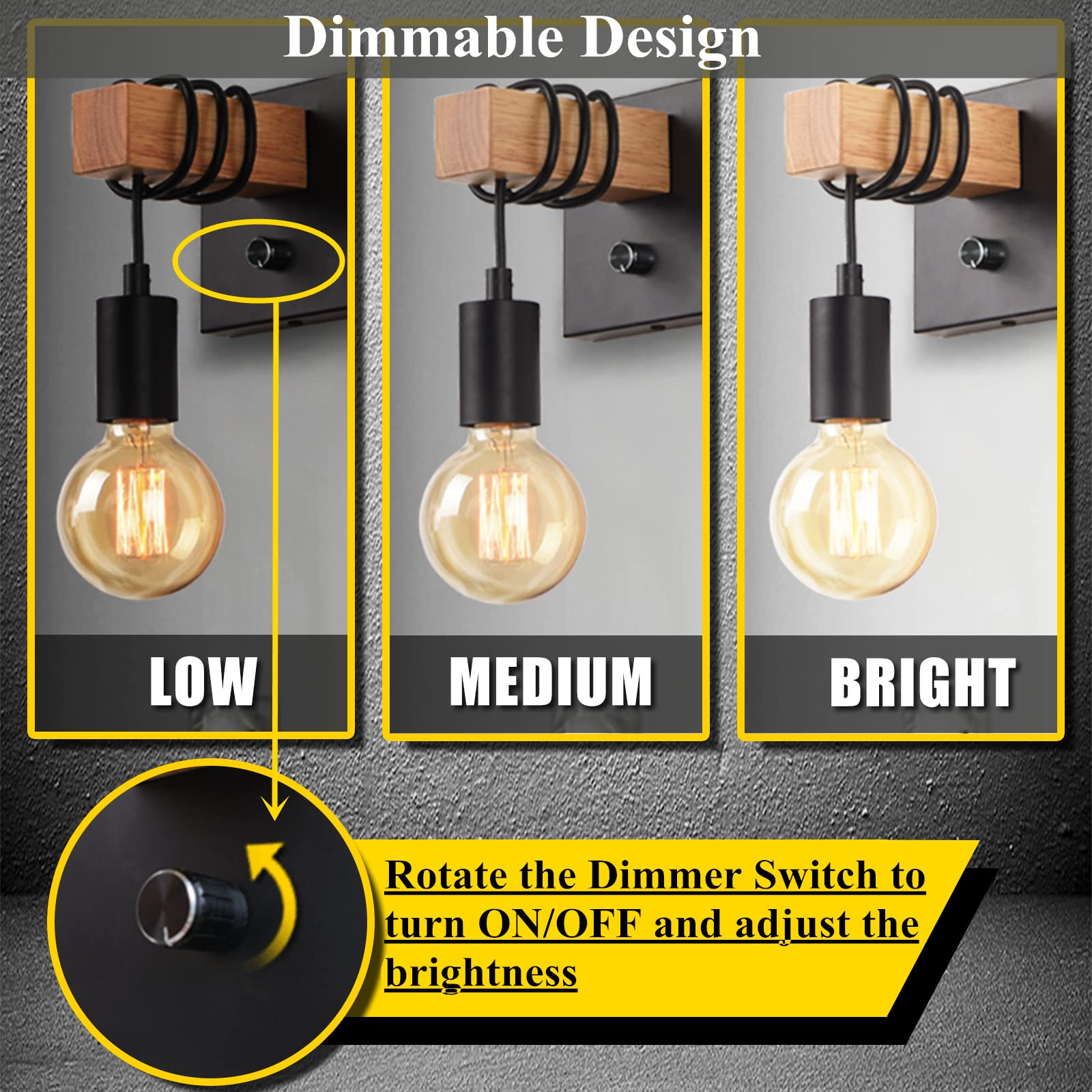 Lightess Black Wall Sconces Dimmable, Edison Wall Light With On/Off Dimmer Switch, 1-Light Industrial Farmhouse Wall Lamp For Ba