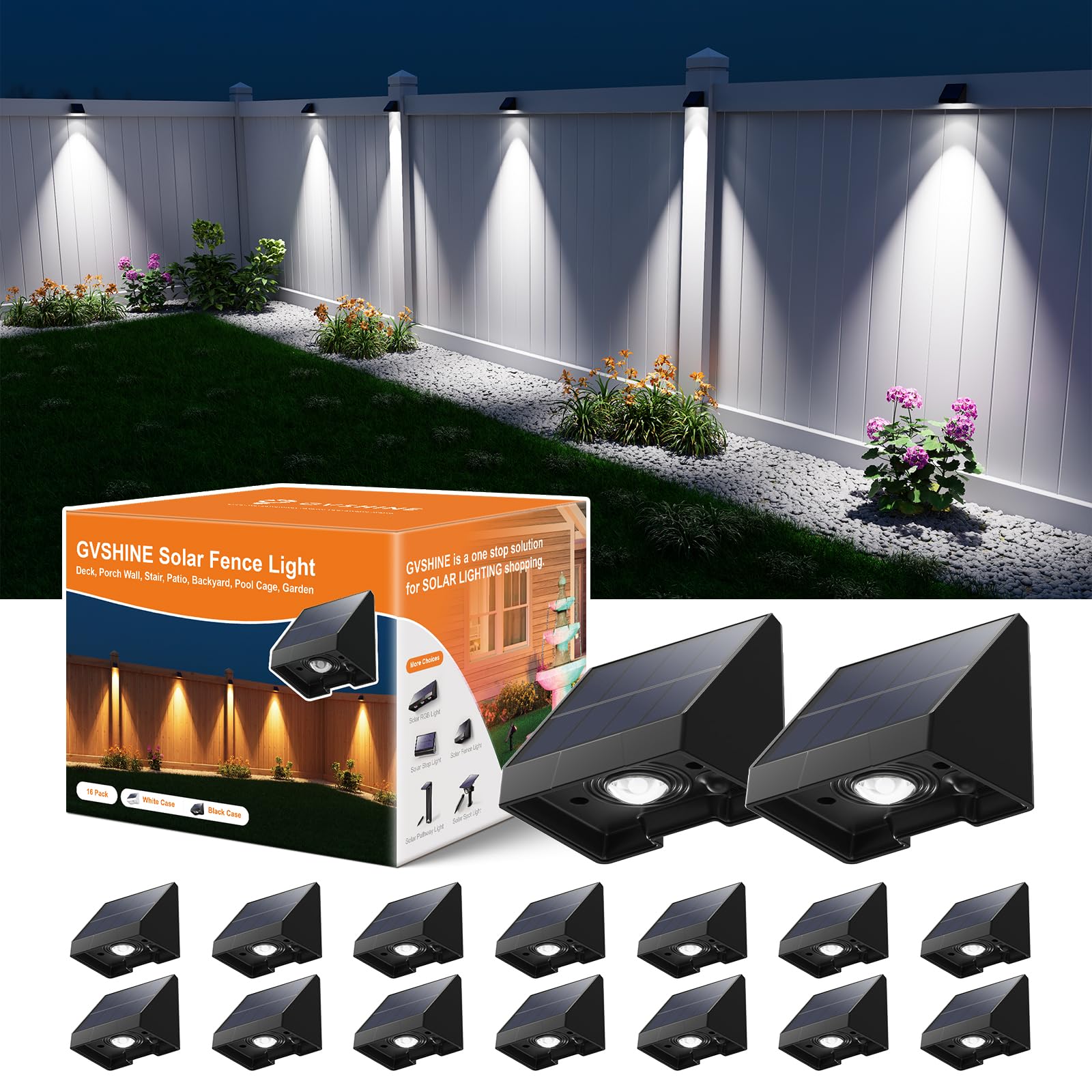 16 Pack Decorative Solar Powered Fence Lights Outdoor Waterproof with Cool White LED Spot Lens, for Outside Wall, Deck, Patio, Y