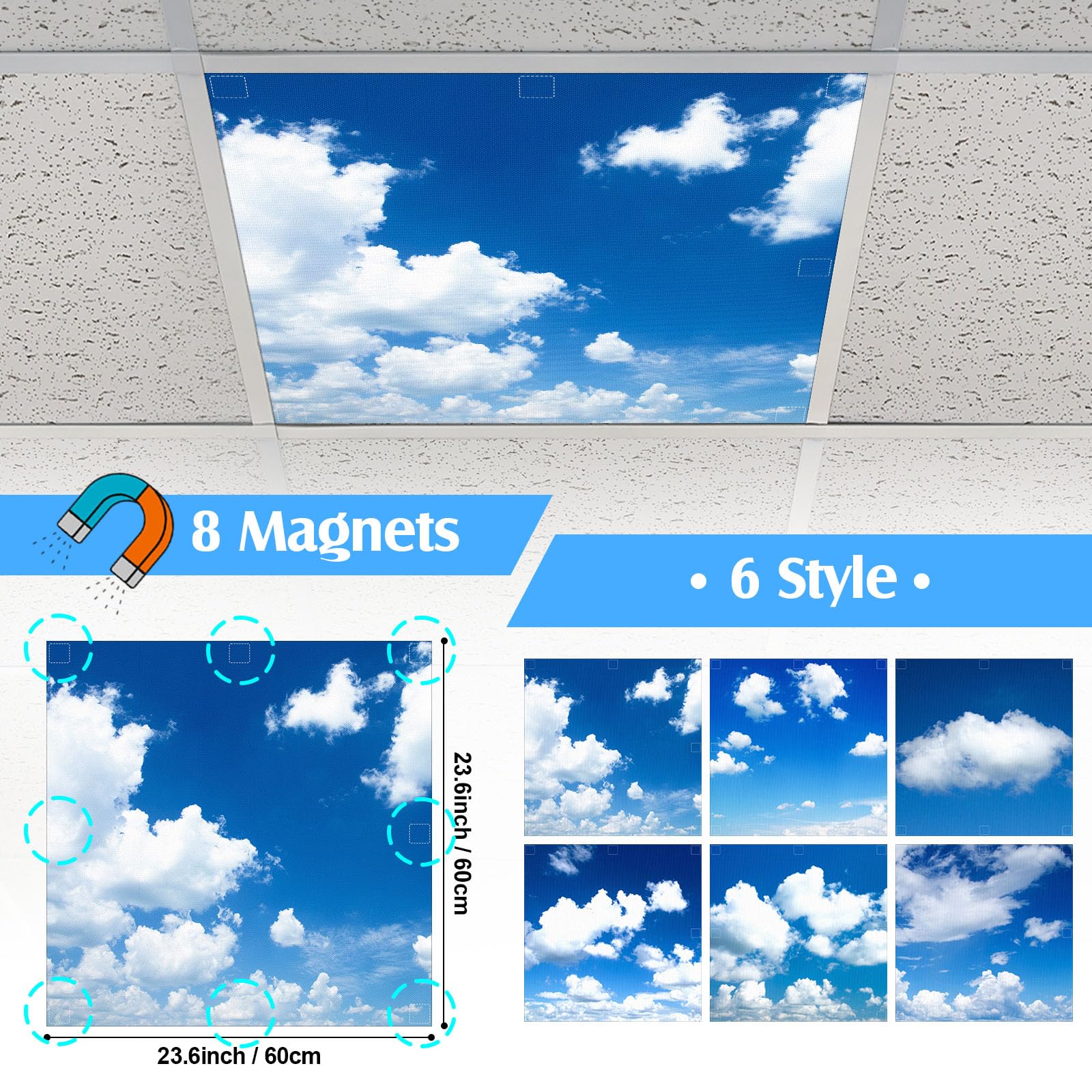 Kittmip 6 Pcs Fluorescent Light Covers with 48 Magnets, 2 ft, Blue Sky, 100D Polyester