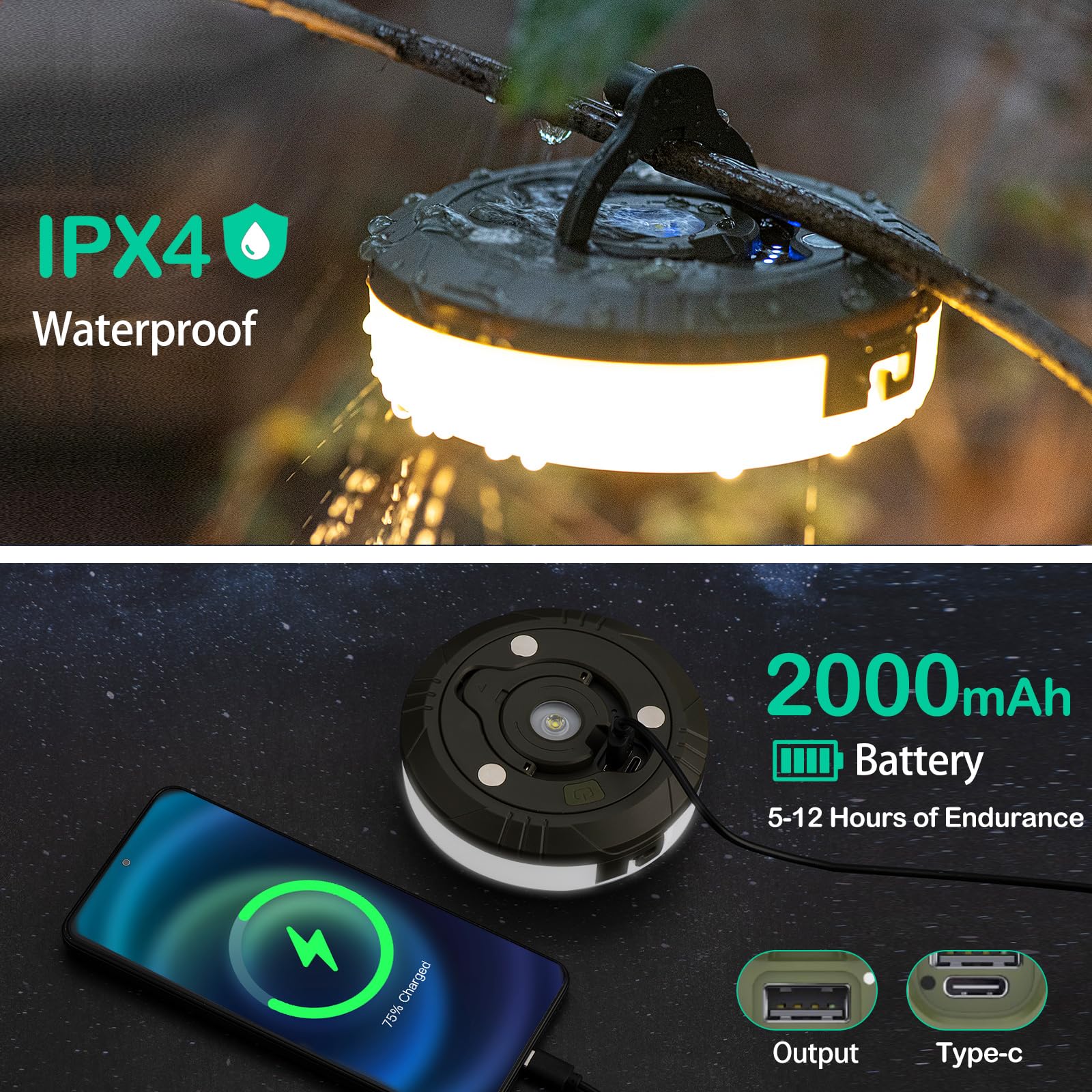 Sutaig Camping String Lights, 4 in 1 Lantern, 8 Lighting Modes, Waterproof, Type-C Fast Charging, 32.8Ft, Black, Model SSDC-Multicolor