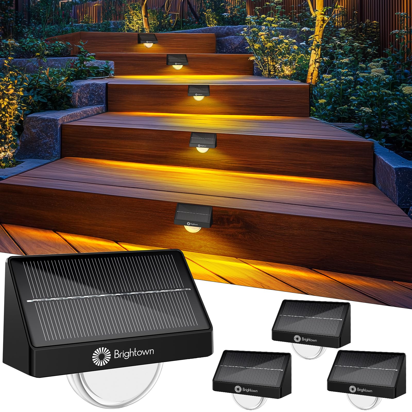 Brightown Solar Step Lights for Outside  4 Pack Solar Stair Lights Outdoor Waterproof IP68  Multiple Color Modes Step Light Outdoor for Garden Stair  Front Step  Front Porch  Deck  Sidewalk and Patio