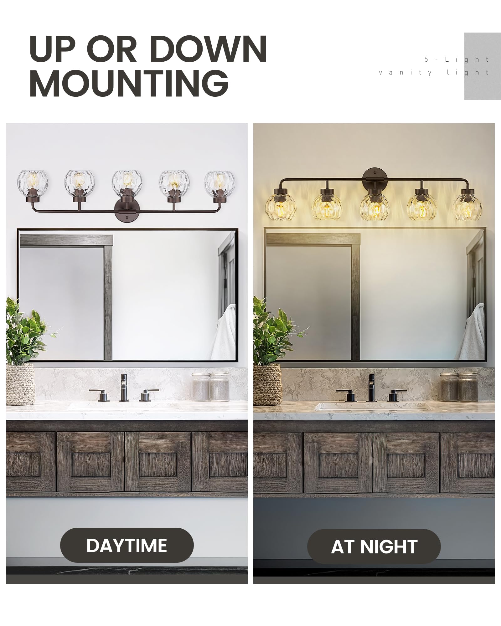 Zeyu 38.5 Inch Farmhouse Bathroom Lighting Fixture  5-Light Bathroom Vanity Light  Oil Rubbed Bronze Finish With Water Ripple Globe Glass  Zs62Bg-5W Orb-Wg