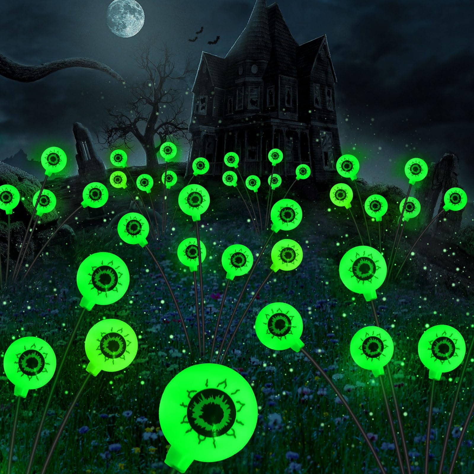 Halloween Solar Lights Outdoor Waterproof Solar Scary Eyeball Lights, 2 Pack Green Eyeball Swaying Firefly Lights, Solar Hallowe