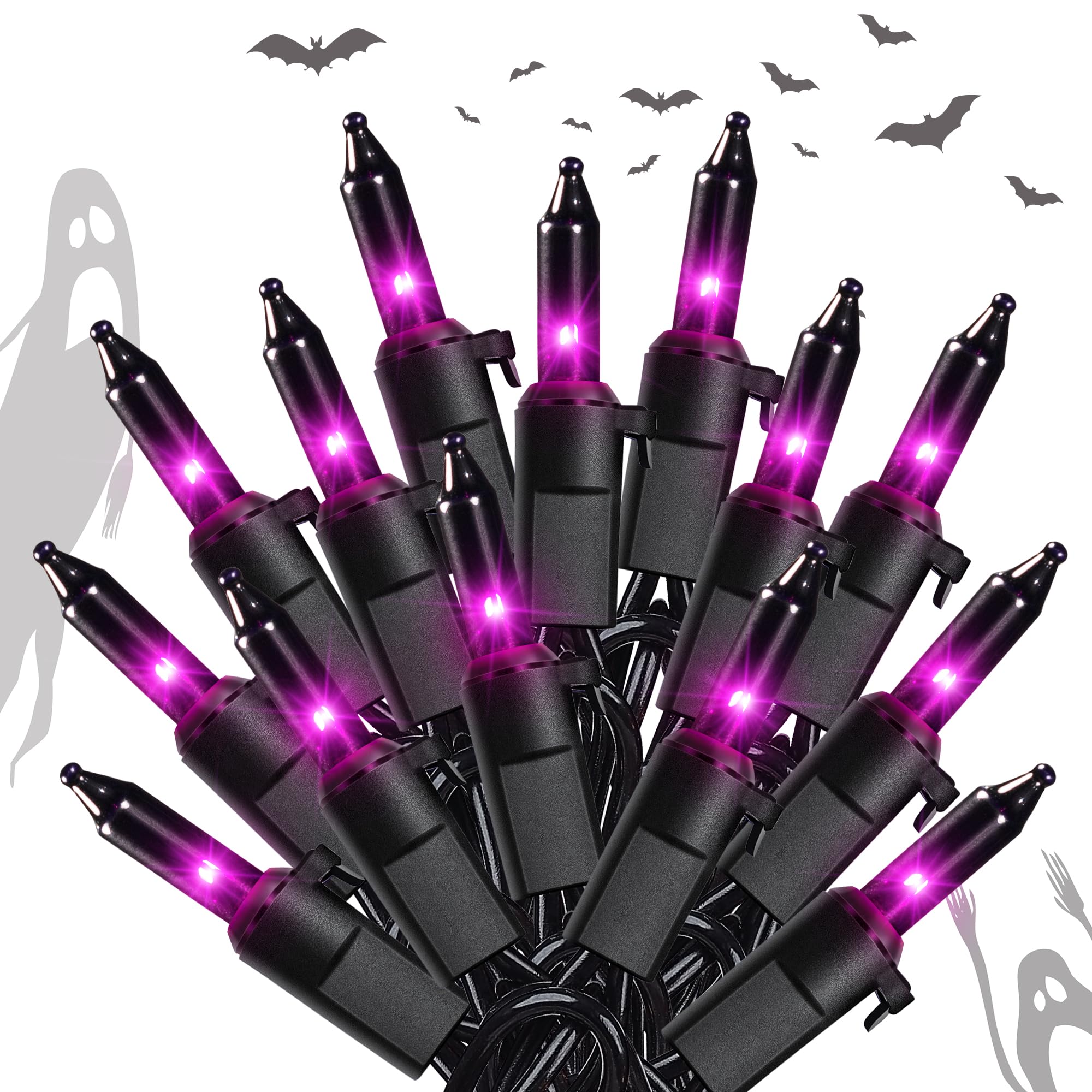 YOUNGAR Purple Halloween String Lights, 50 Count, 13FT, Waterproof, Black Wire for Indoor/Outdoor Decor