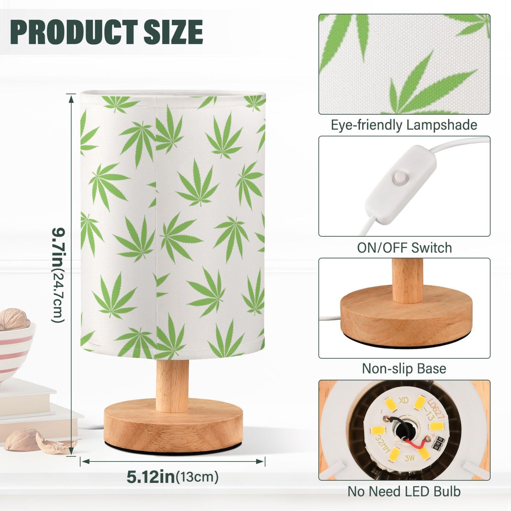 Yyzzh Table Lamp Green Marijuana Leaf Cannabis Weed Leaves On White Nightstand Lamp With Wood Base Fabric Lamp Shade Bedside Des