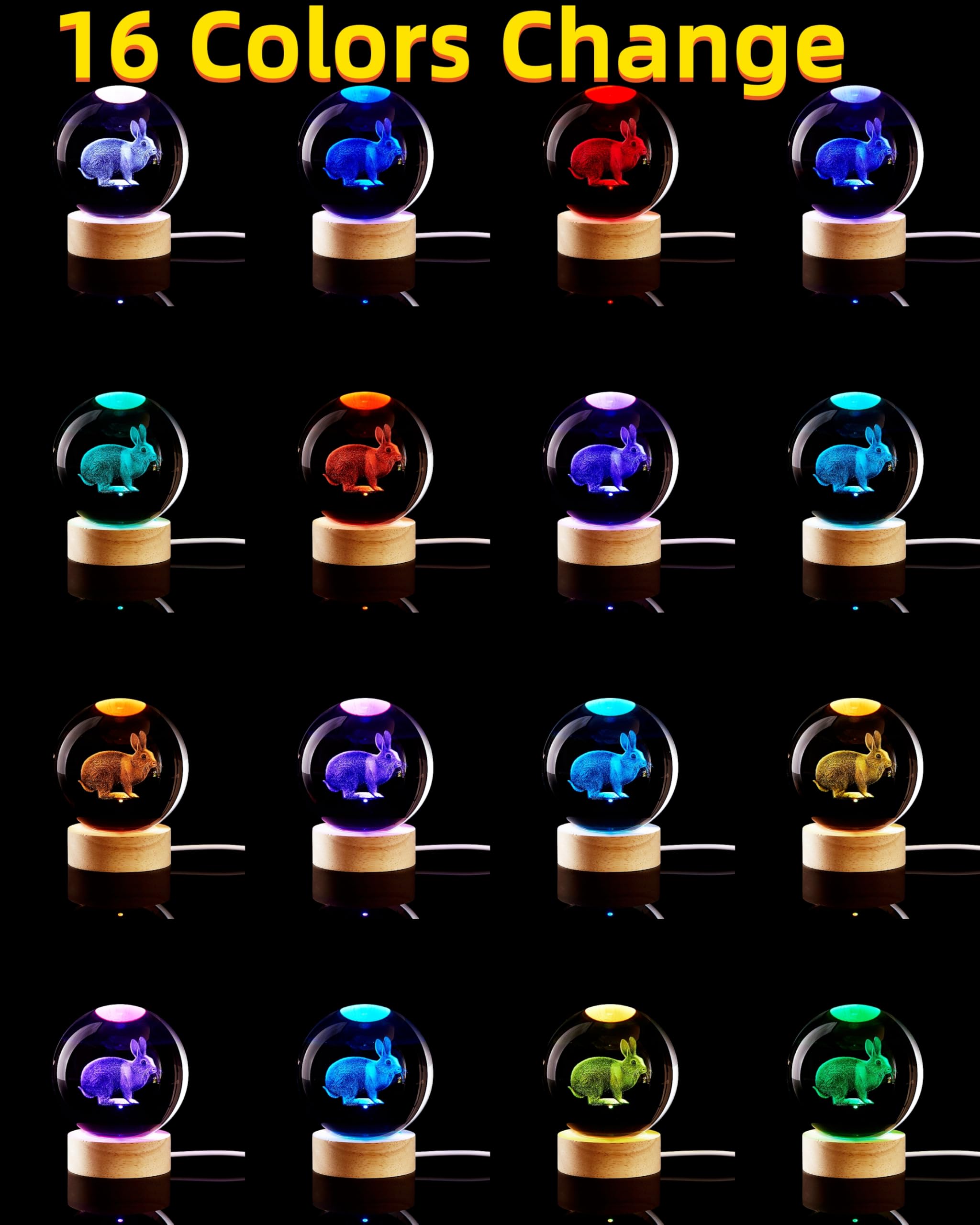 Conalisk 3D Crystal Ball Lamp - LED Rabbit, 16 Color Changing, Dimmable Remote Control