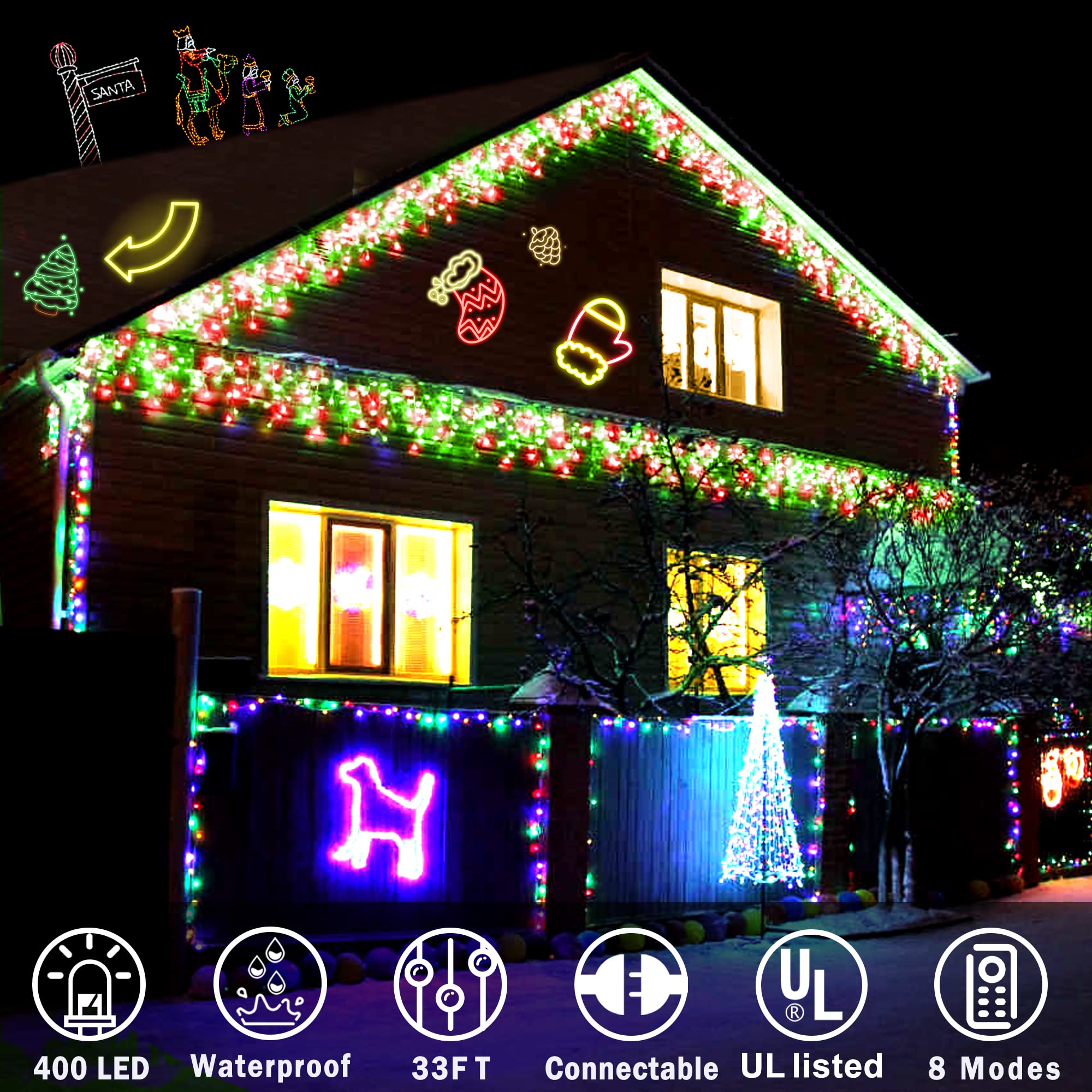 KNONEW Outdoor Decorative String Lights, 400 LED, 33ft, 8 Modes, Red and Green, Clear Wire, Fairy Curtain Light for Holiday Decor