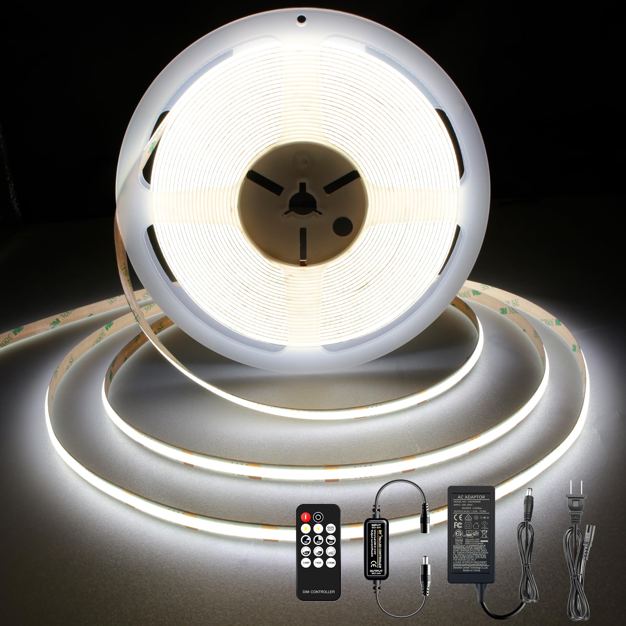 Pandery COB LED Strip Lights, 32.8FT, Dimmable, 6000K Cool White, DC24V, Model P3-5-10MCOB-KIT,