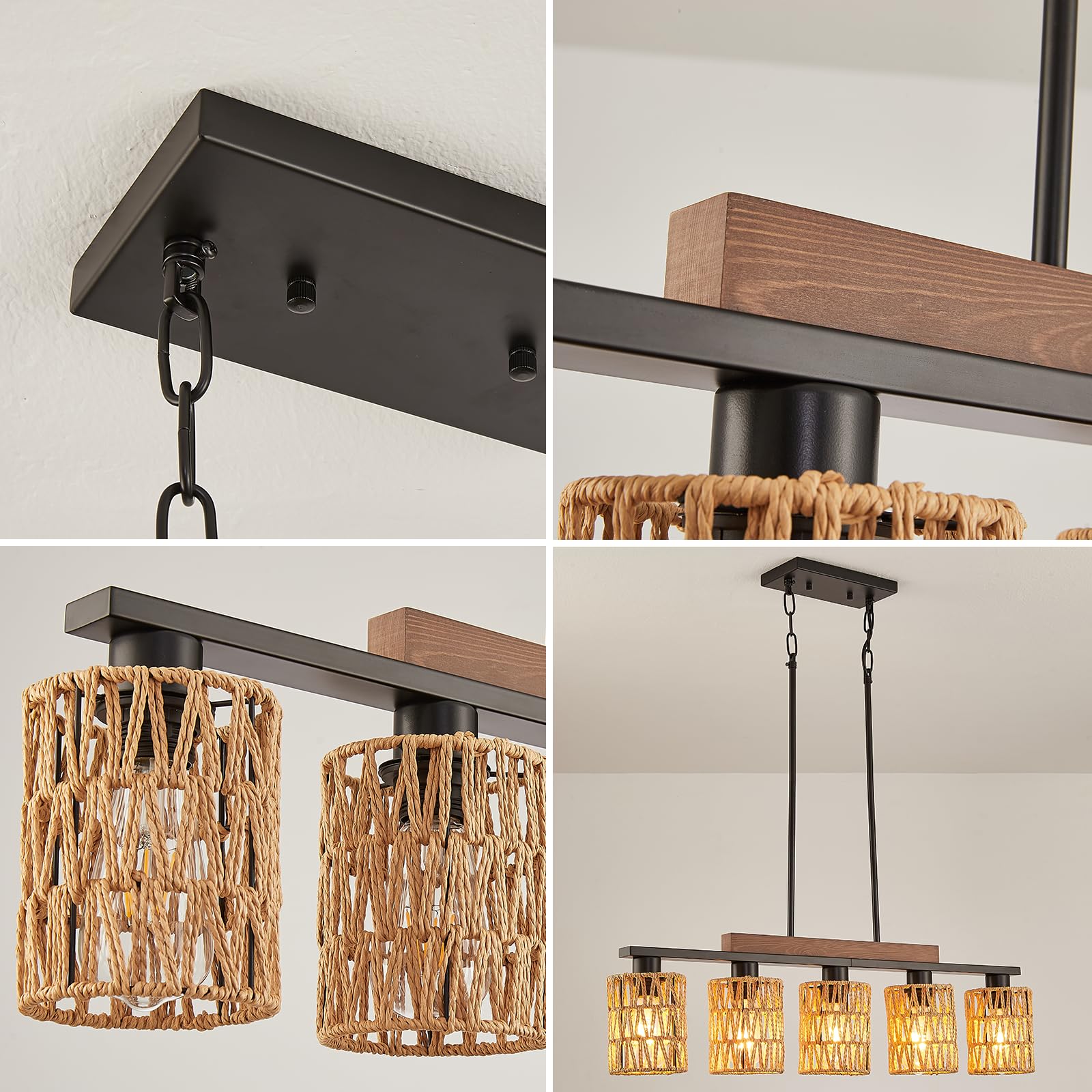 Feohak Boho Dining Room Light Fixture, 5-Light Rattan Chandelier, Farmhouse Woven Large Coastal Wicker Wood Bamboo Bohemian Rust