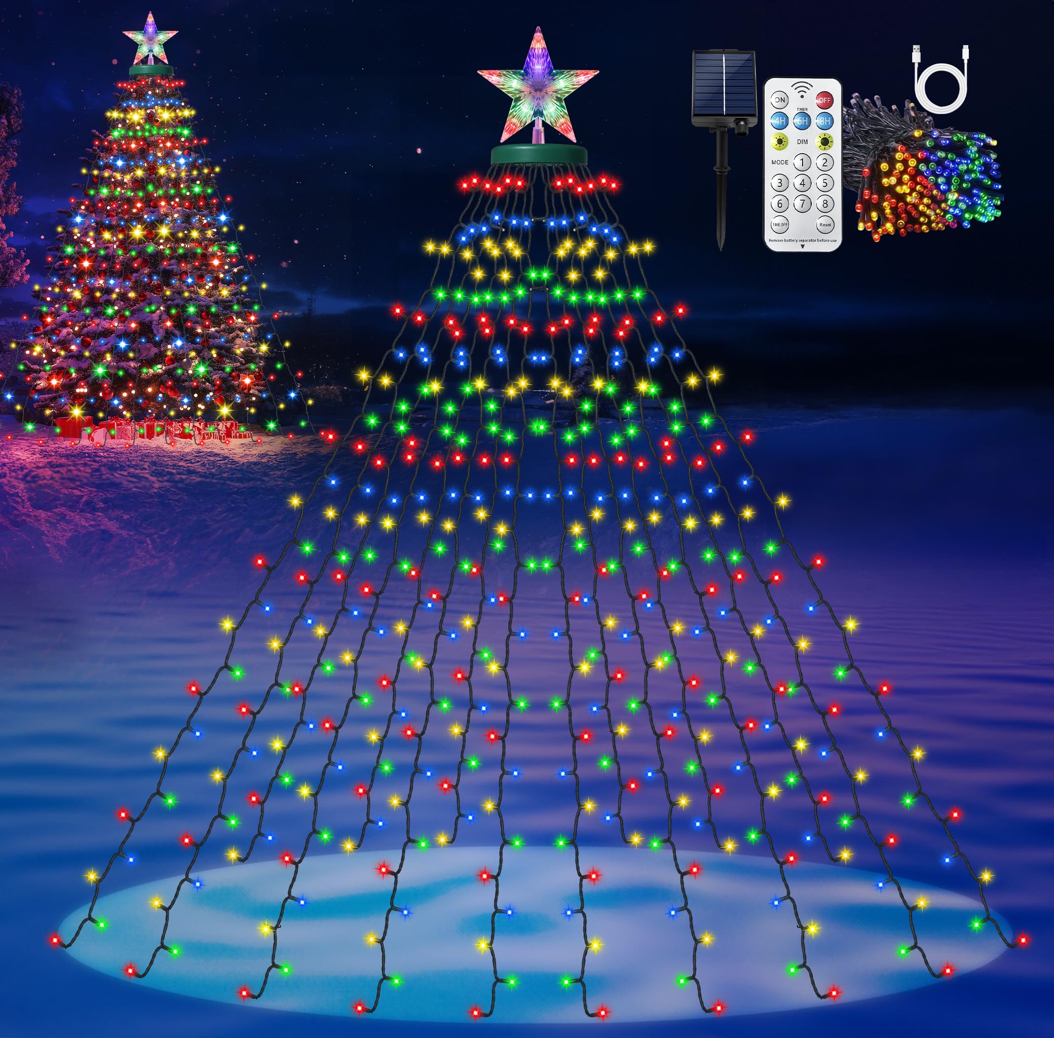 AMIPEPE Solar Christmas Tree Lights with Star Topper, 410 LED 6.6FT x 16 Lines Christmas String Lights with 8 Models Timer Remot
