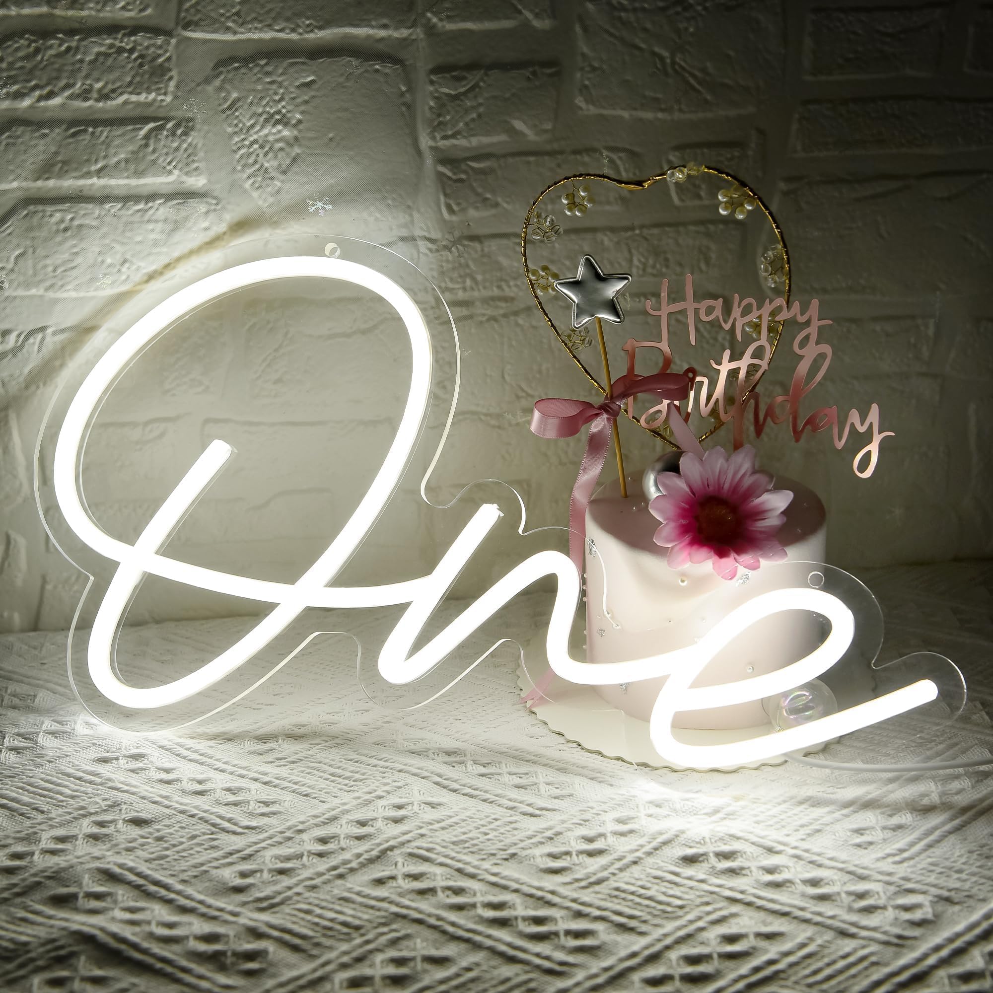 attneon One LED Neon Sign for Wall Decor, 16.1x9.1 Inch, White Acrylic, First Birthday, Wedding, Baby Shower