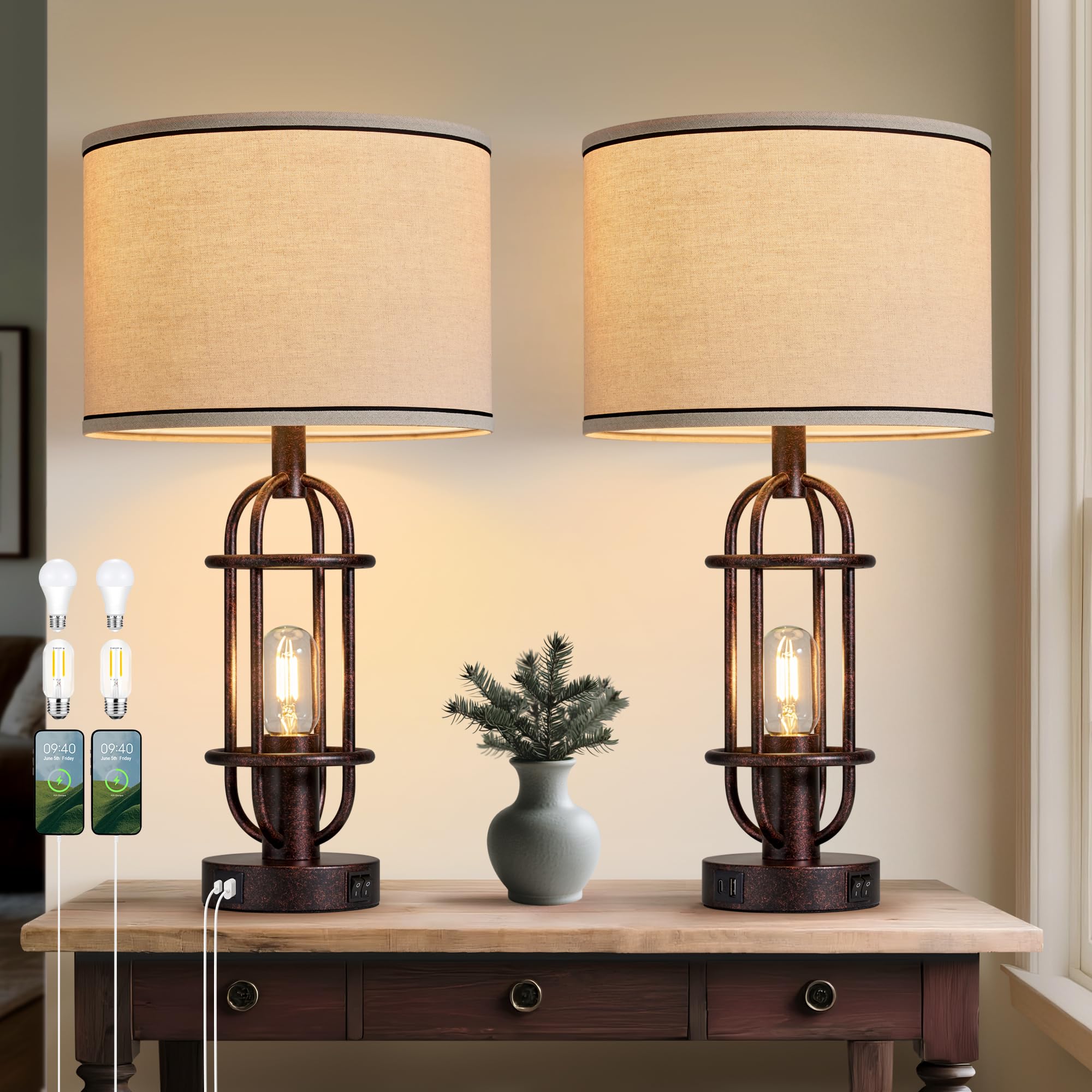 Reaketon 22.3 Table Lamps for Living Room Set of 2, Farmhouse Lamps for Nightstand, Vintage Table Lamps for Bedroom with USB Por