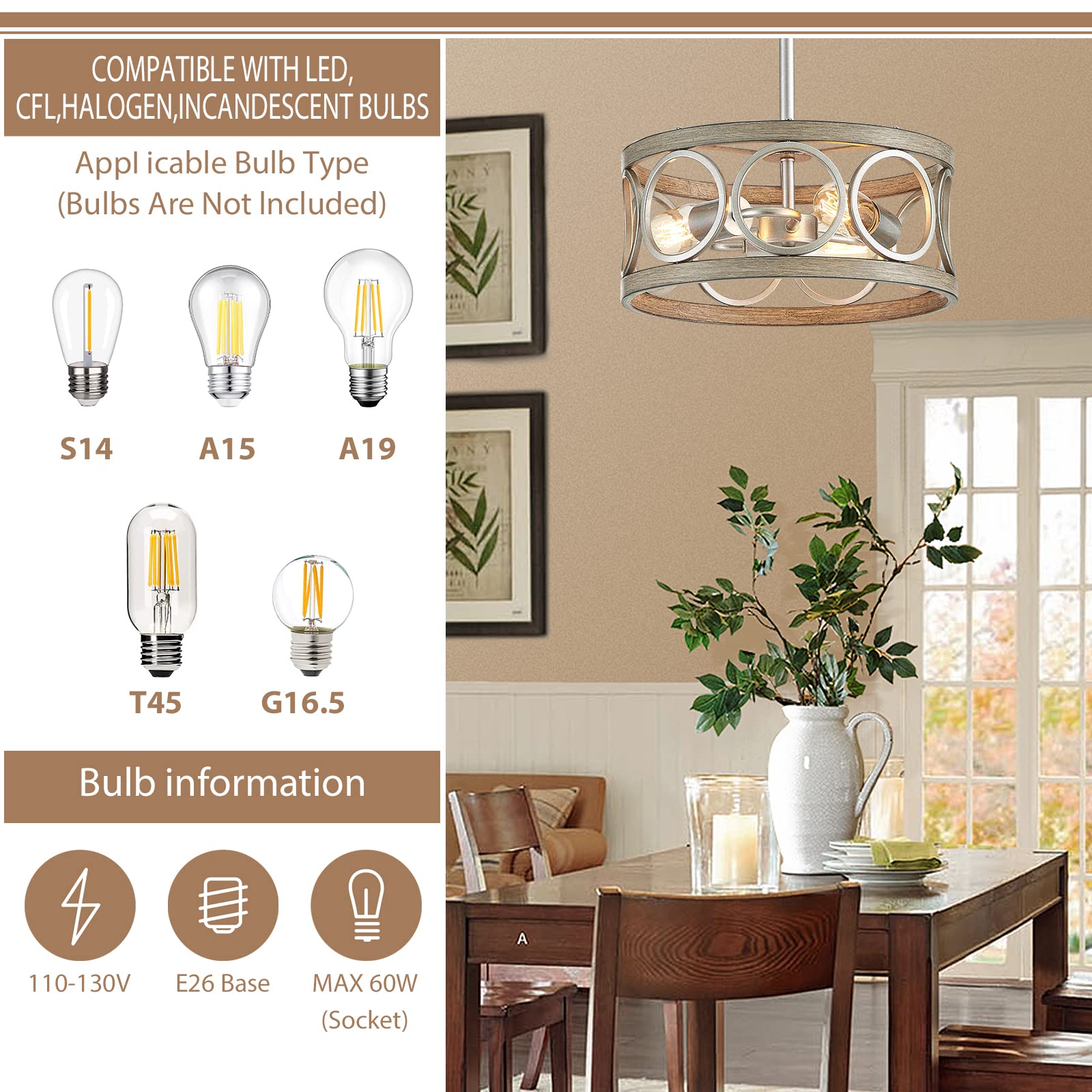 Peskoe Modern Chandelier, 13'' Farmhouse Pendant Light Dining Room Light Fixtures, Ceiling Light For Bedroom Living Room Kitchen, 3-Light Nickel And Wood Grain Metal Hanging Lamp