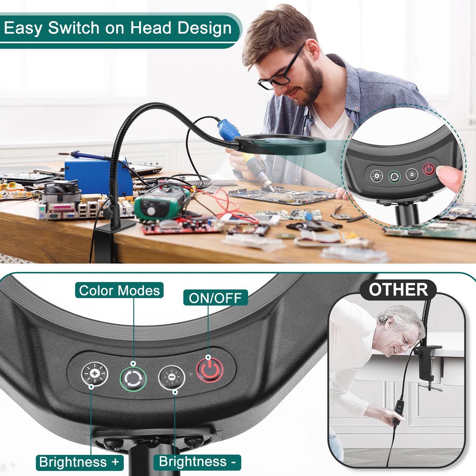 Ivmaie 10X Magnifying Glass With Light And Clamp, 5 Inch Real Glass Magnifying Desk Lamp With Stand, Long Gooseneck, 5 Color Mod