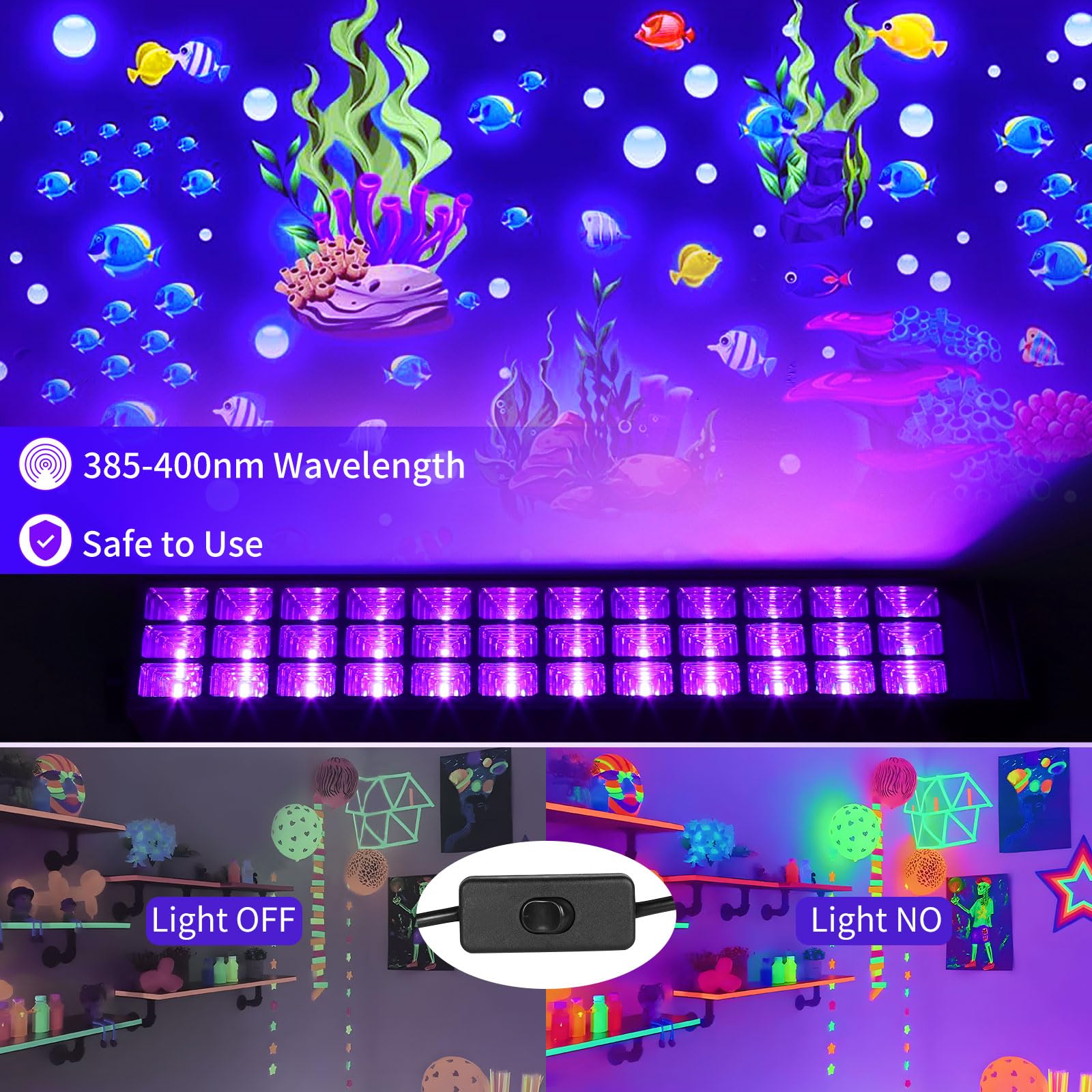 ISUERFY 100W Black Light Bar IP66 Waterproof LED, 1 Count, Purple, Model SUER-FL100W-1Pack, Indoor/Outdoor Use, 6ft Cord