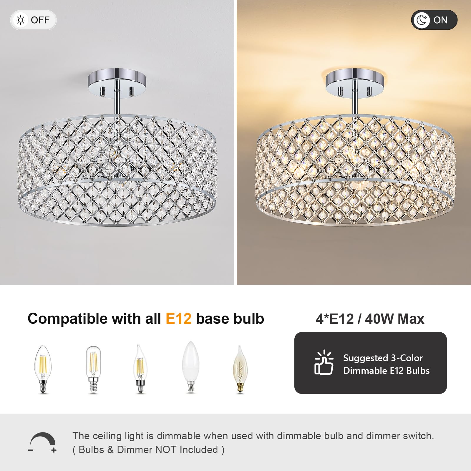 Bzvesr Chrome Crystal Ceiling Light Fixture Modern Semi Flush Mount Ceiling Lighting Fixture Round Small Chandelier For Dining Room  Hallway  Entryway  Kitchen  Bedroom Foyer 4 Light 15.7 Inch