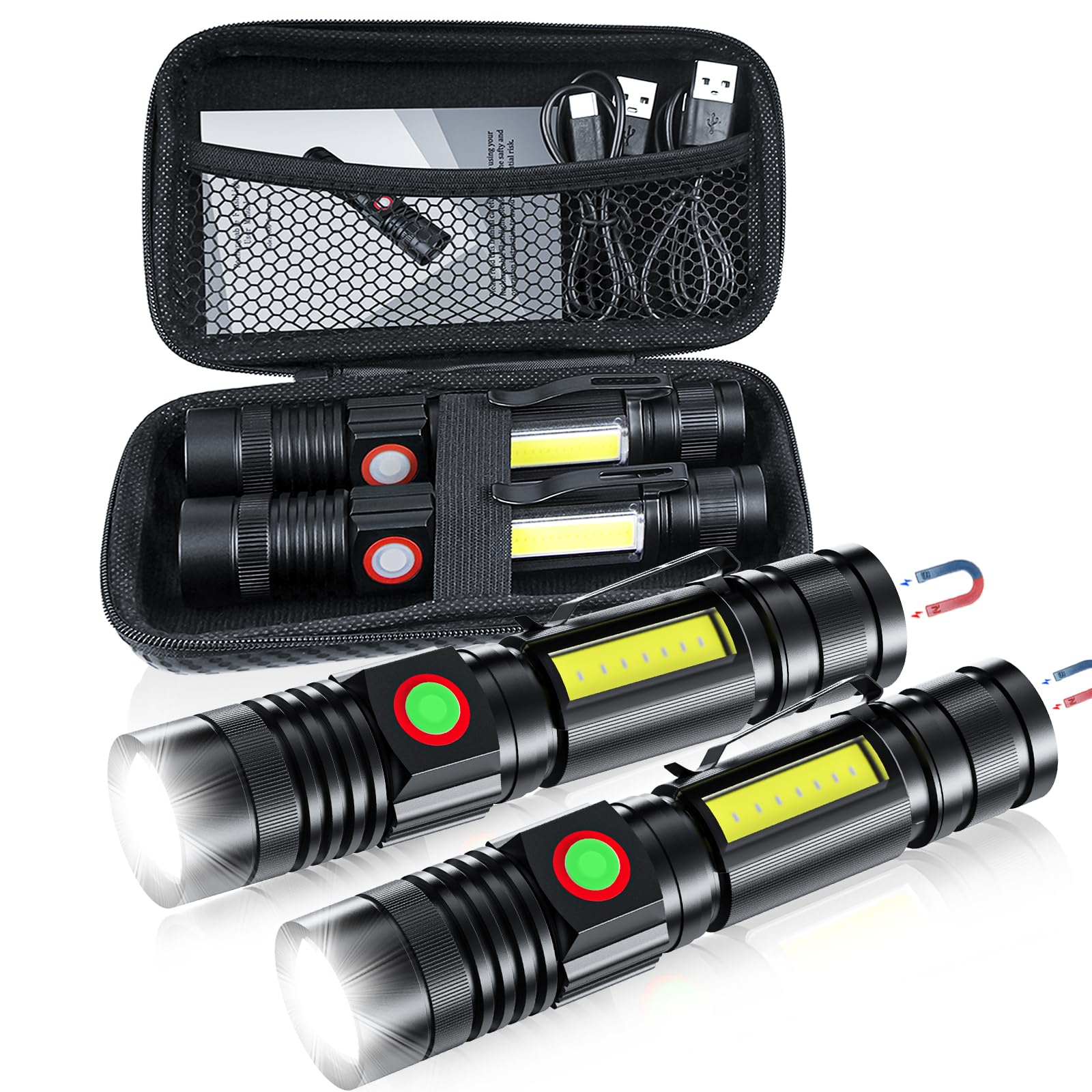 iToncs LED Flashlight 2000 Lumens Rechargeable Waterproof Tactical Flashlights 2 Packs with Bag