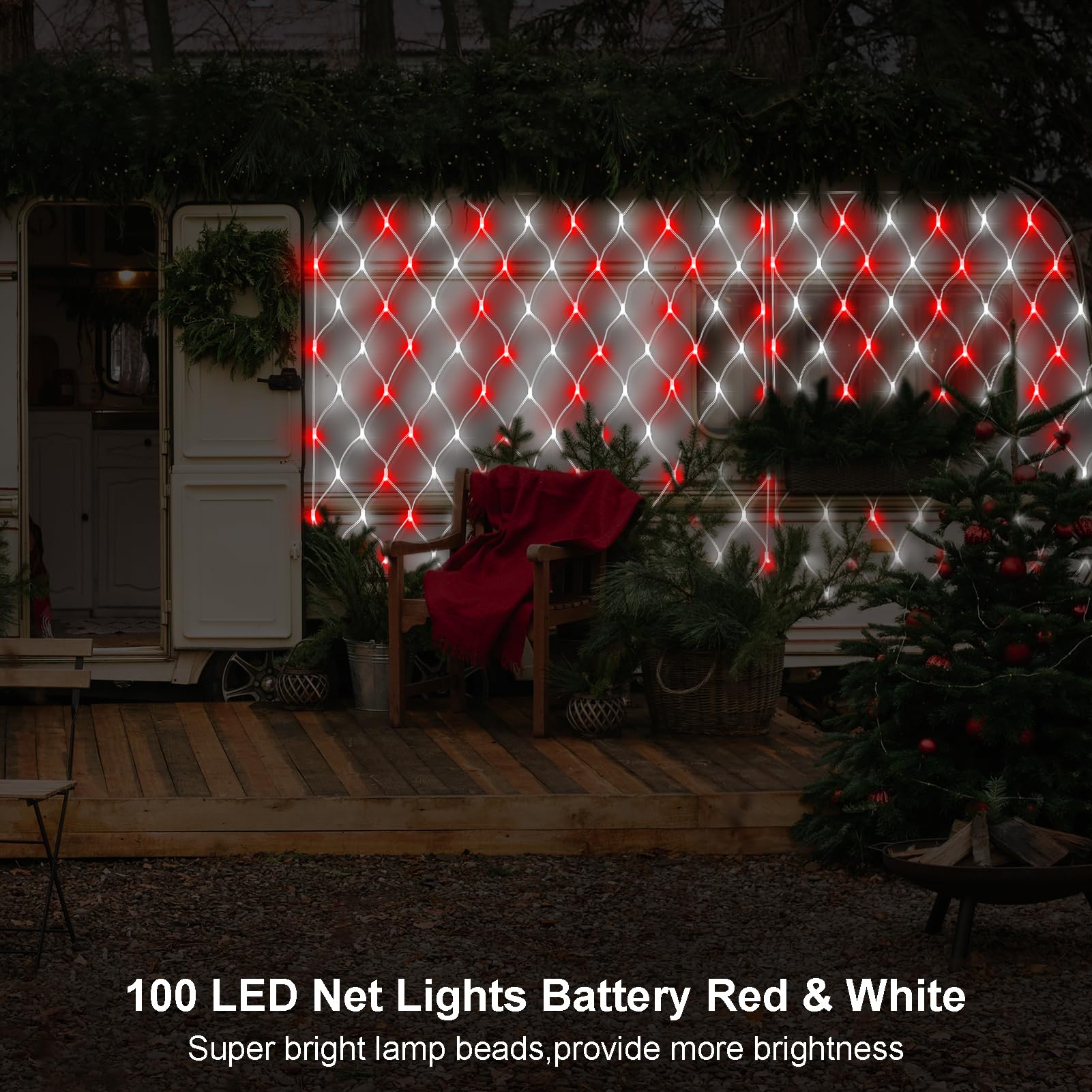 Battery Operated Christmas Red & White Net Lights, 5Ft X 5Ft 100 Led Net Fairy Lights 8 Modes Remote Timer Dimmable Garden Patio