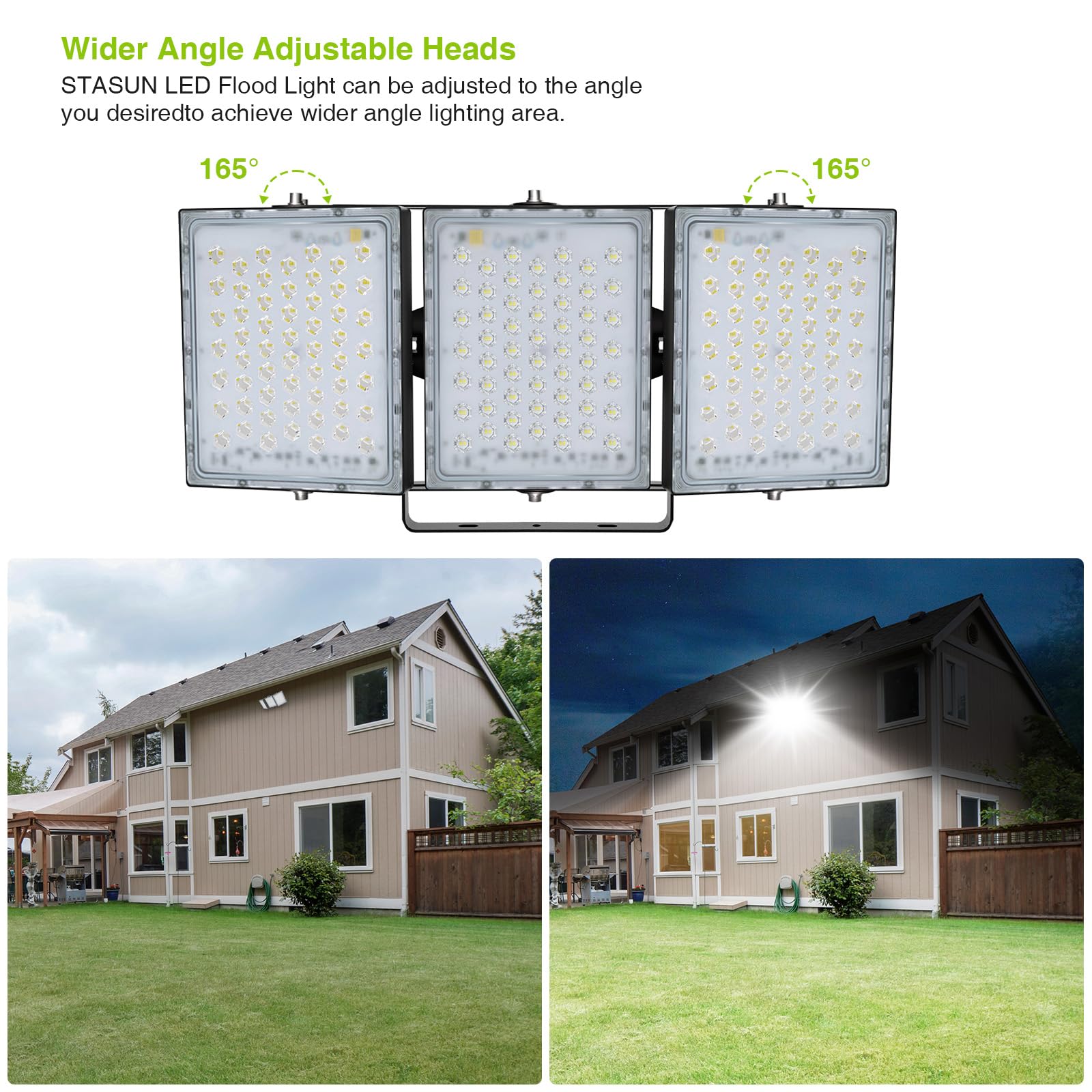 STASUN 300W LED Flood Light, 30000LM IP66 Waterproof Commercial Light, 6000K Daylight, 3 Adjustable Heads for Outdoor Use
