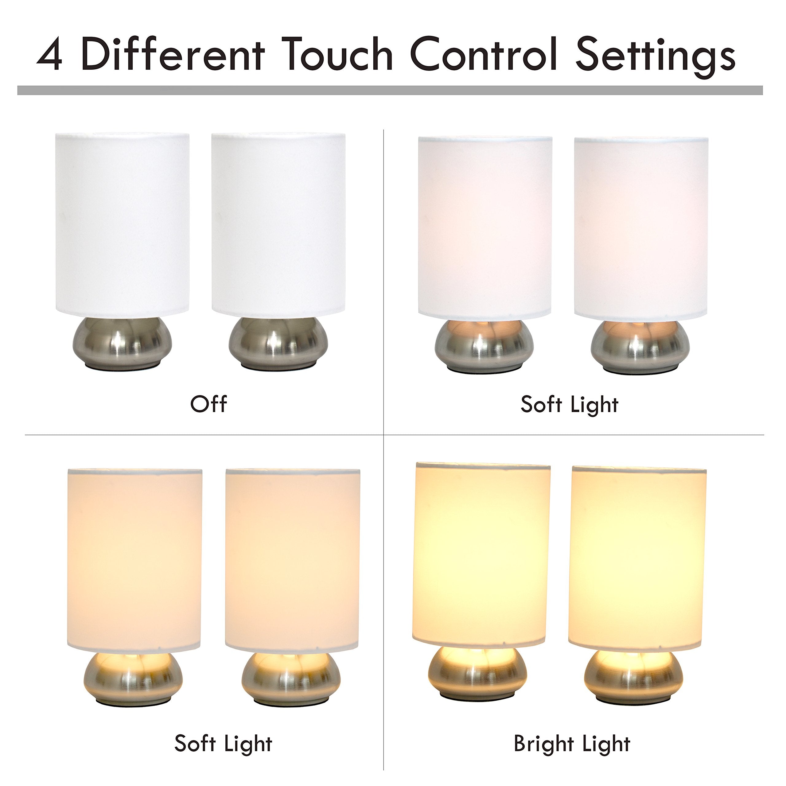 Simple Designs Lt2016-Ivy-2Pk Gemini Brushed Nickel 2 Pack Mini Touch Lamp Set With Fabric Shades, Ivory