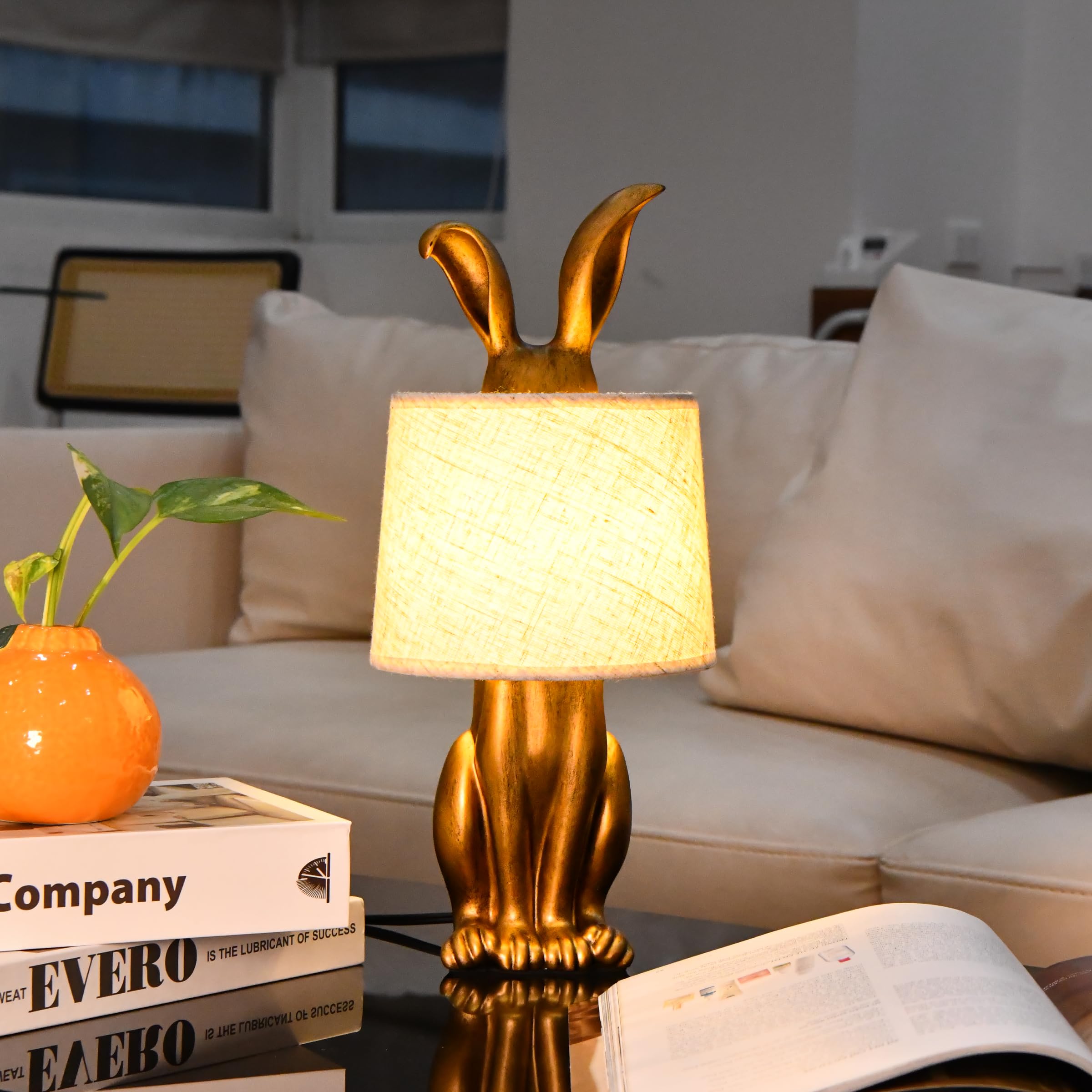 YHT Bunny Table Lamp, Cute Animal Rabbit Lamp,15.7 Vintage LED Desk Light with Linen Lampshade,Gold Main Part Beside Lamp for Be