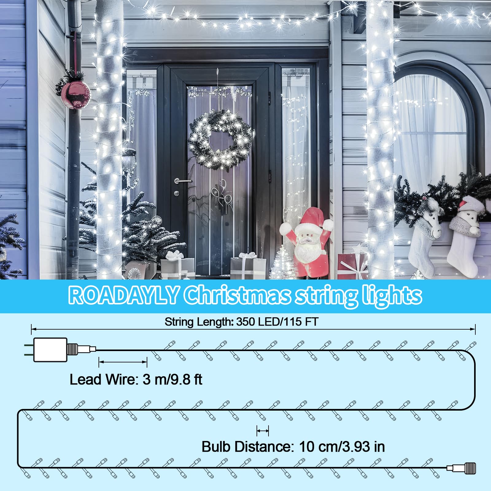 ROADAYLY LED Christmas Lights, 115FT 350LED, Cool White, Waterproof, 8 Modes & Timer, Model DAOYI02-MNO02, Outdoor Fairy Lights