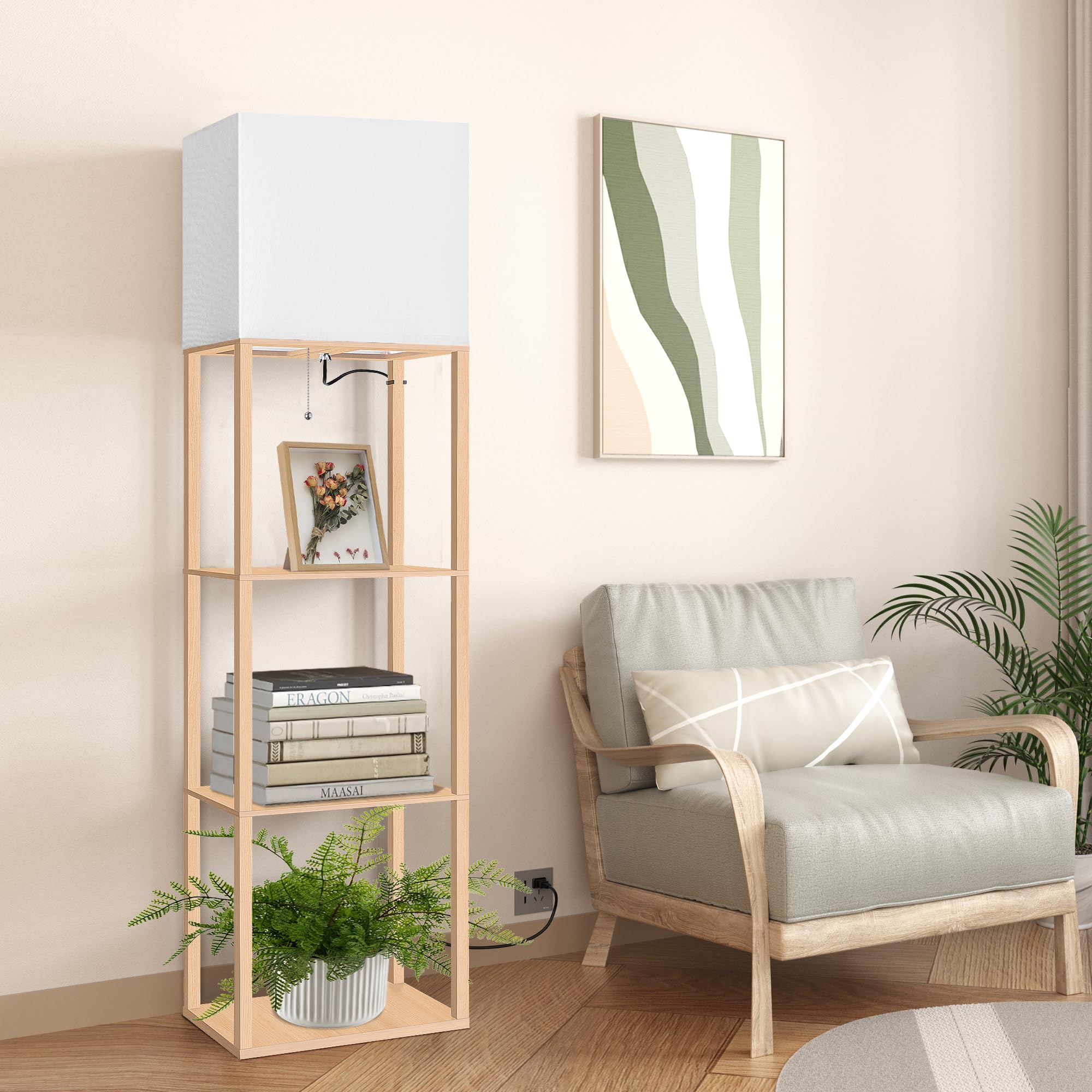 Dott Arts Floor Lamp with Shelves, 15.7in Wide, Wood, Burlywood, Model WLM1600-FLA-15W-11, 3 Color LED Bulb
