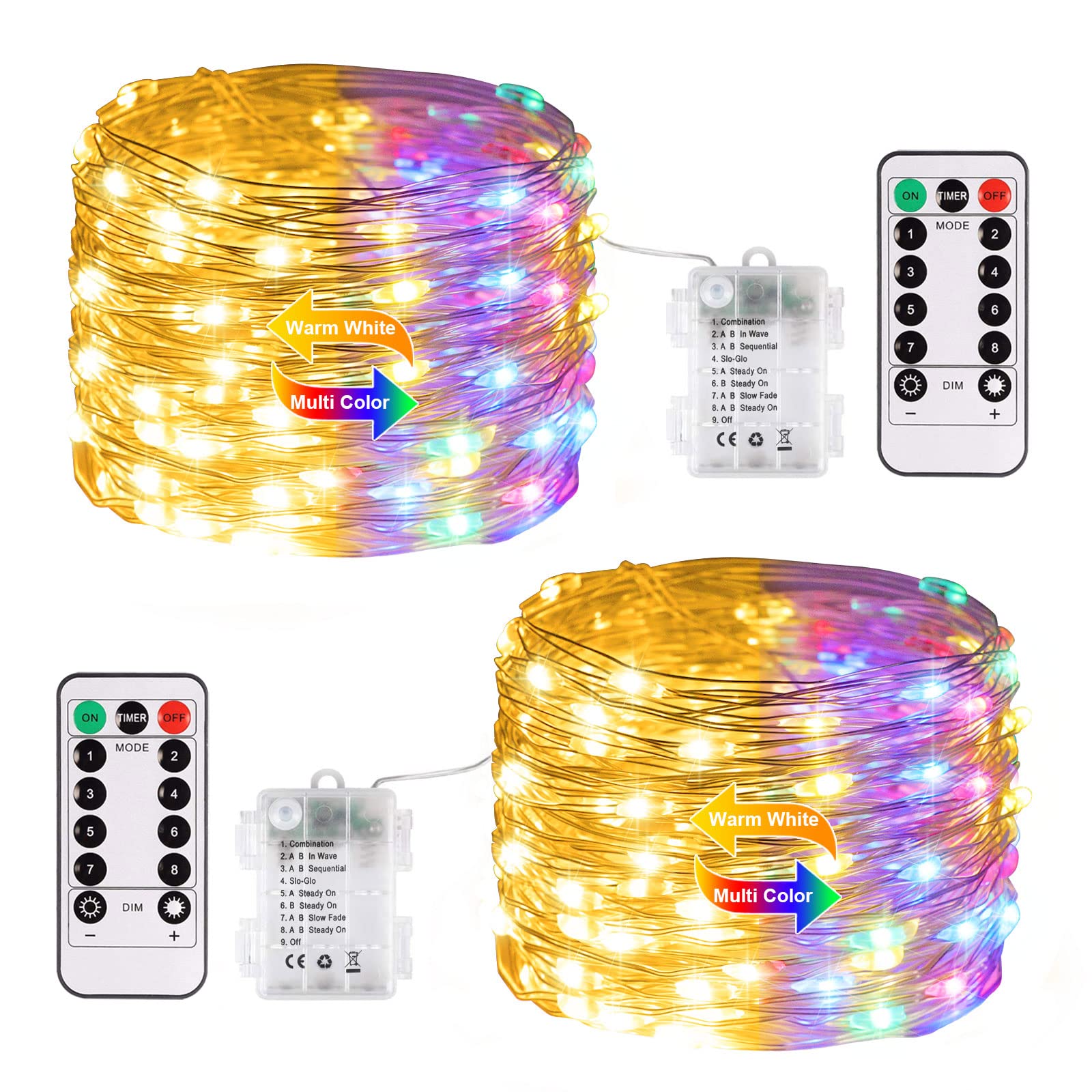 JMEXSUSS Color Changing Fairy Lights, 100 LED, 33ft, Battery Operated, Warm White & Multicolor, Model EXS-S-100-WWM