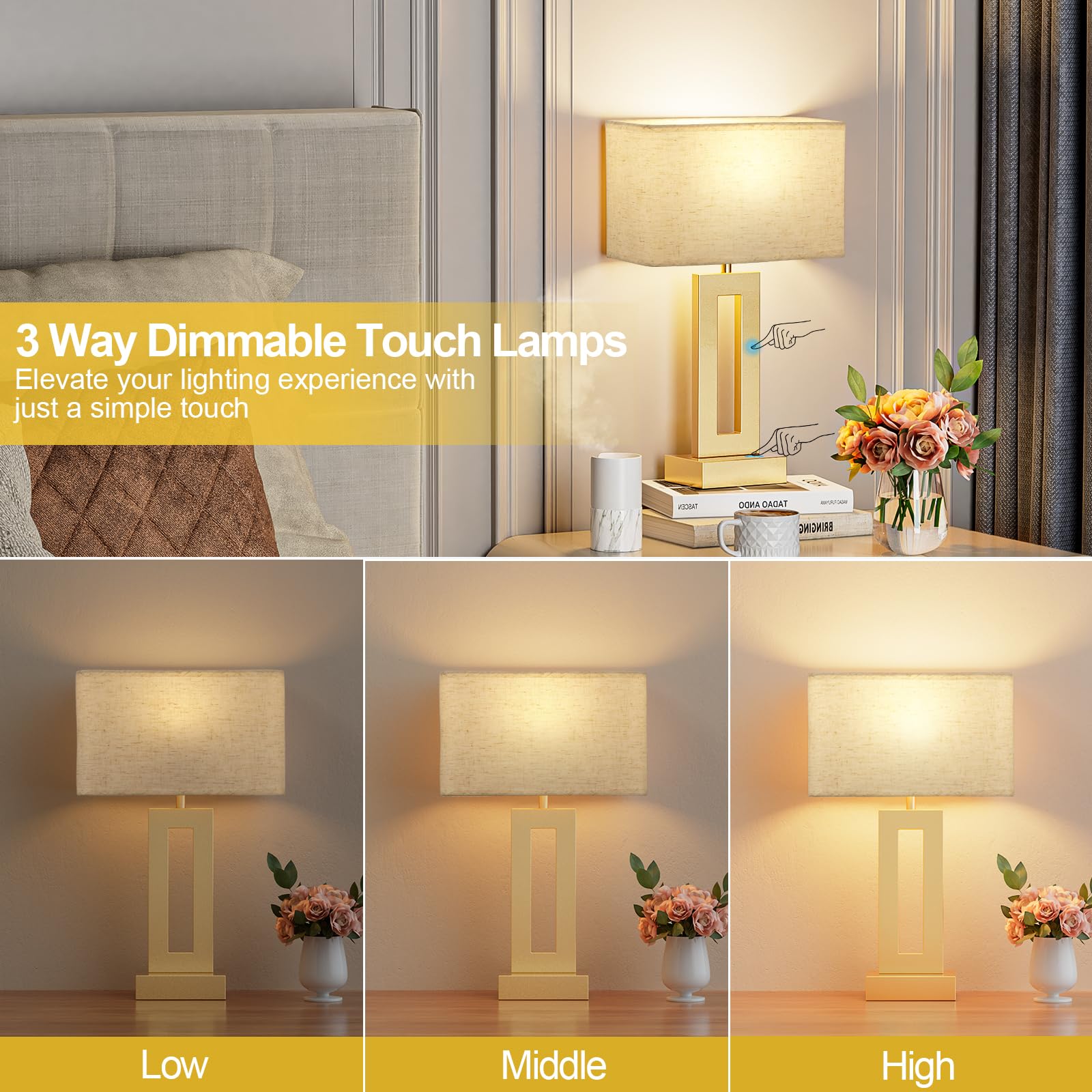 Bedroom Table Lamps Set Of 2 - Beige Gold Touch Bedside Lamps With Usb C+A, 3 Way Dimmable Gold Lamp For Nightstand, Modern Nigh