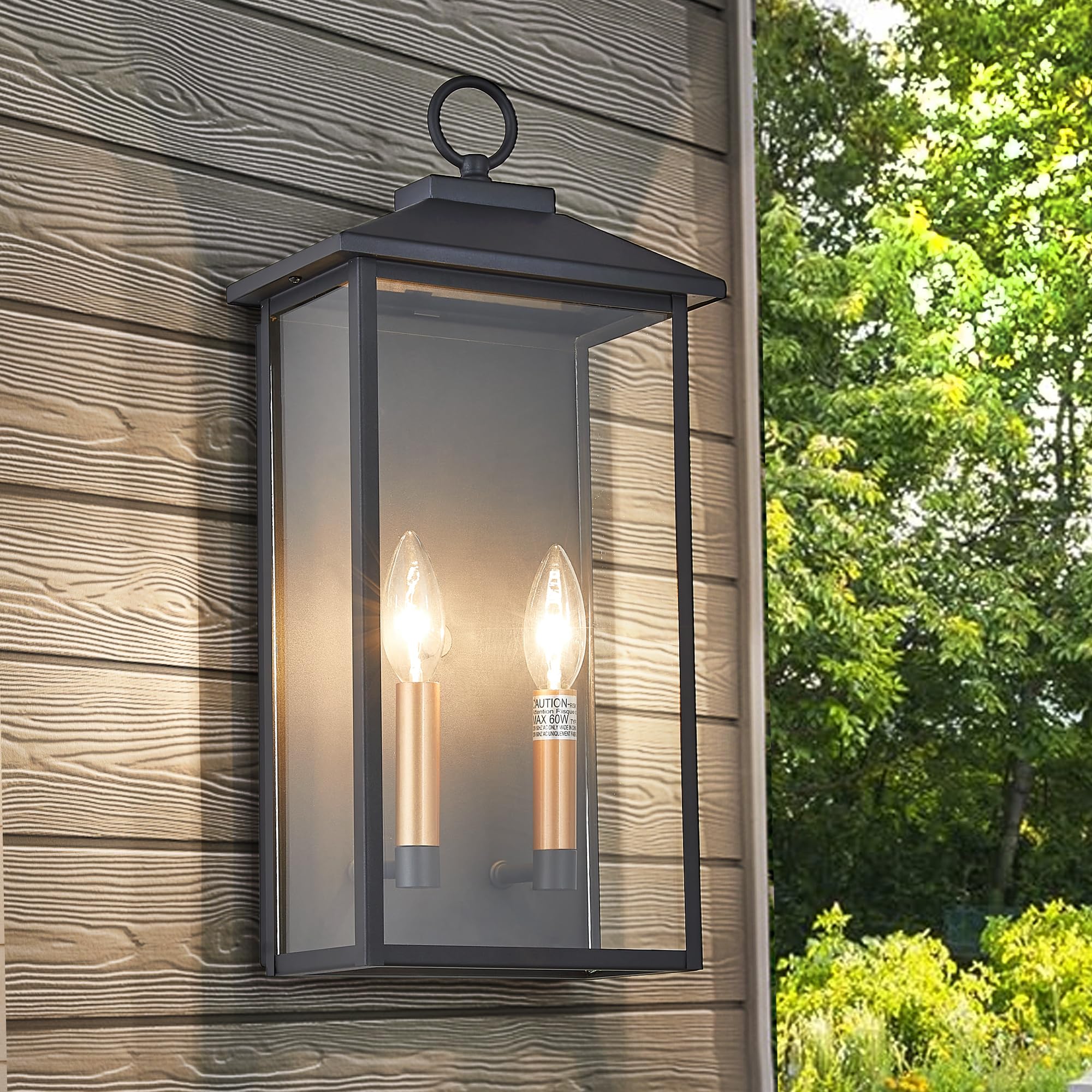 Tarentlight 18 Inch Wall Light In Clear Glass And Textured Black And Golden Candle Cap Sleeve Outdoor Lighting Wall Sconce 2-Light 120Watts For House Doorway Garage Bulb Not Included.