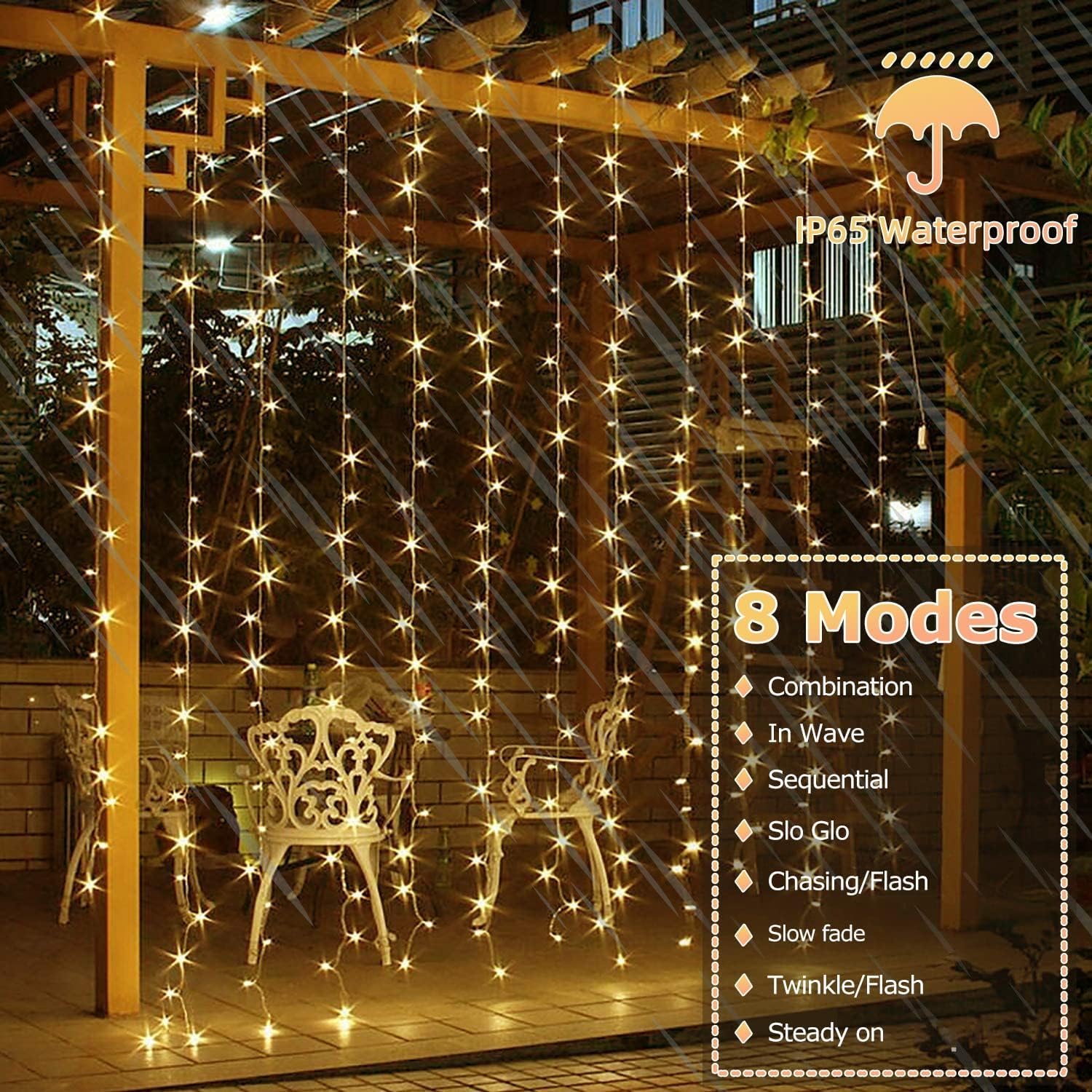 600 LED Solar Curtain Lights Outdoor Remote Control Gazebo 8 Modes Waterproof Waterfall Fairy String Window Wall Hanging Solar P