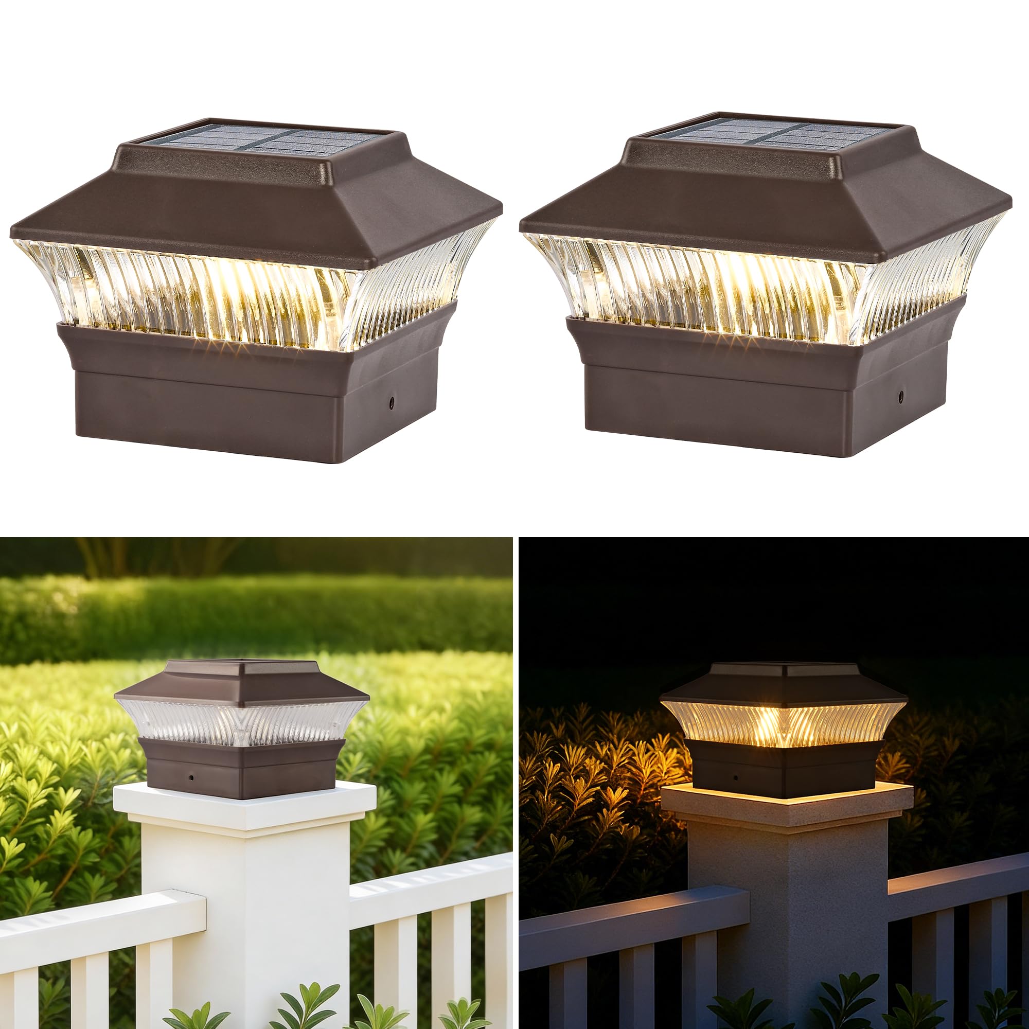 MOON-DE-AGE 2 Pack Solar Post Cap Lights, 4x4 4x6 Fence Post Lights Solar Powered, 25 Lumens, 3000K Warm Light Deck Posts Light 