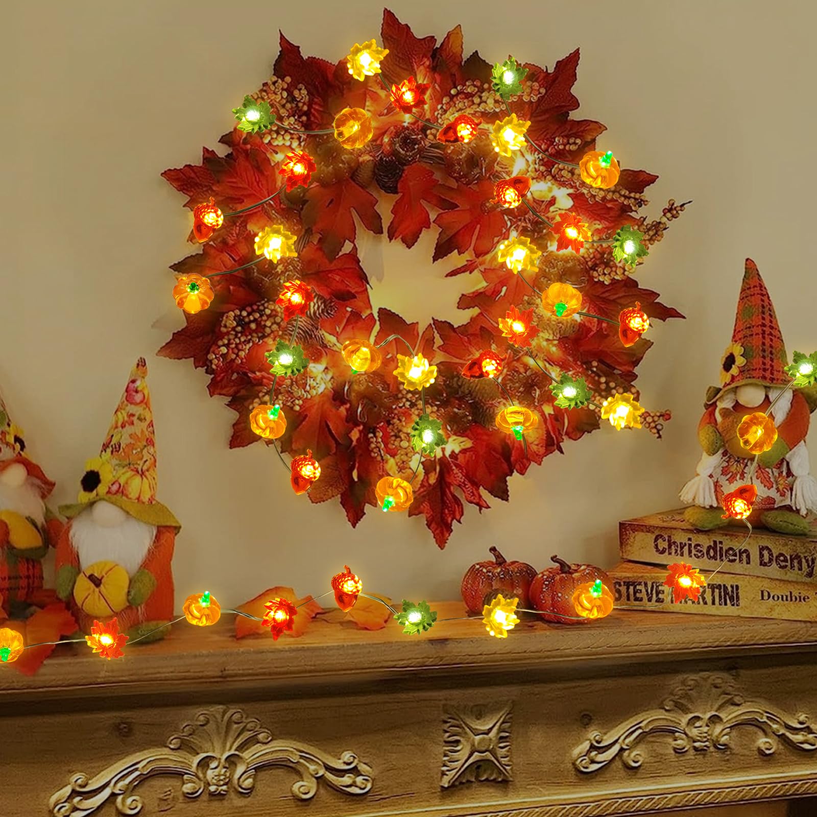 Thanksgiving Fall Lights Decoration 10Ft 30 Led 3D Pumpkin Maple Leaf Acorn Battery/Usb Operated With Remote Fall Halloween Lights Pumpkin Decor Fall Garland Lights Indoor Outdoor Thanksgiving Decor