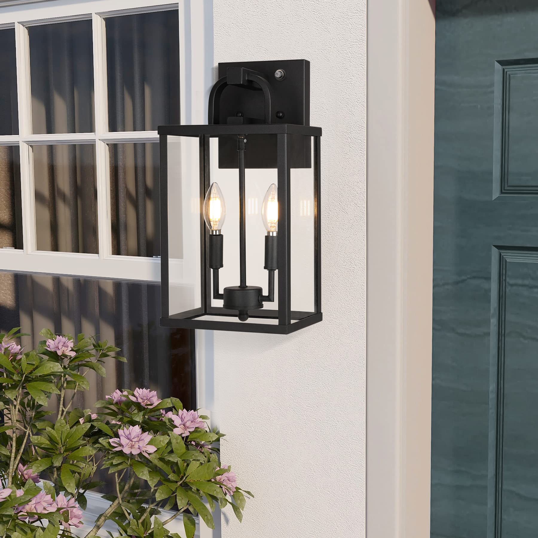 PARTPHONER Outdoor Light Fixture, 2-Light Dusk to Dawn Metal Wall Lantern, Clear Glass, Farmhouse Style for Porch, Entryway, Garage