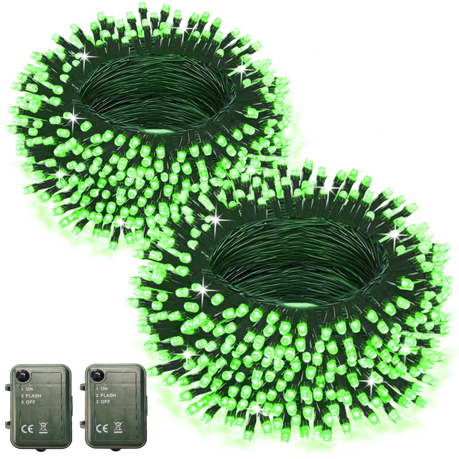 Green Christmas Lights Battery Powered  2 Pack Total 66.6 Ft 200 Led Green String Lights Indoor Outdoor Christmas Decoration  Twinkle Fairy Light For Classroom Home Party Room Xmas Tree Party Decor