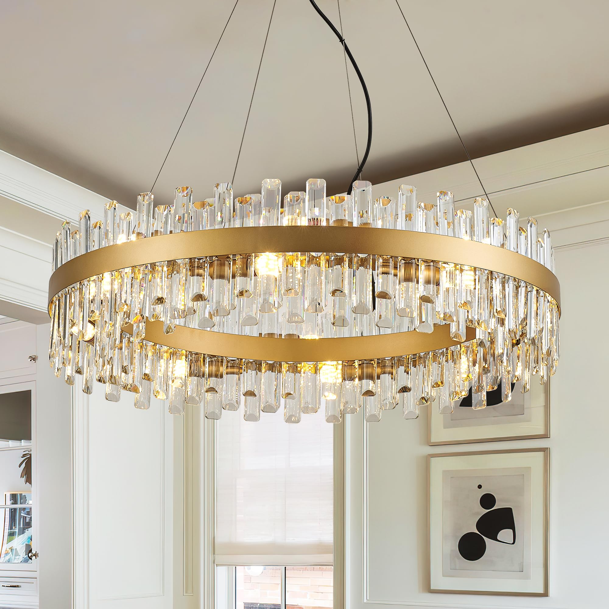 lighceac 31.9" Gold Modern Crystal Chandelier - 16-Light Luxury Pendant for Dining Room, Kitchen, Living Room, Model LX-2409-16A