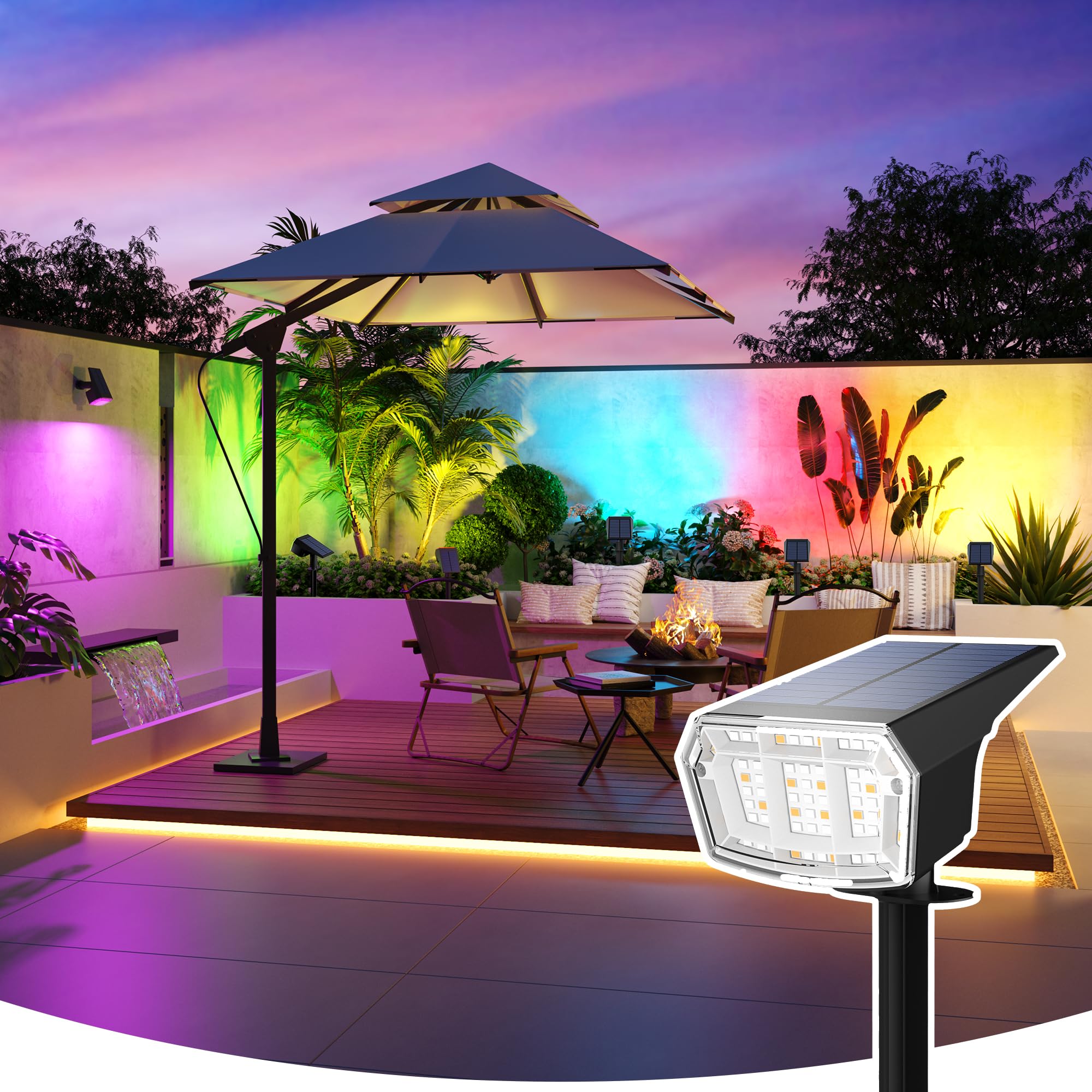 Coozaming Solar Spot Lights, 9 Color Modes, 63 Led Waterproof Garden Lights - 4 Pack