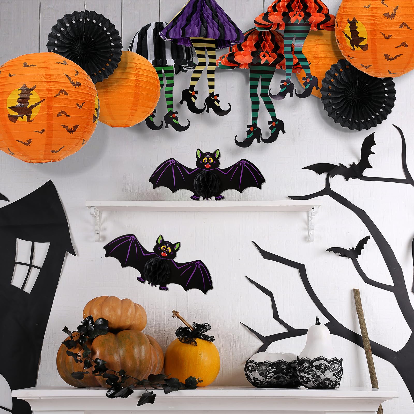 UNIQOOO Halloween Paper Lanterns, 12 Pcs Witch Bat Design, Metal, 8in-12in, Orange Black Purple
