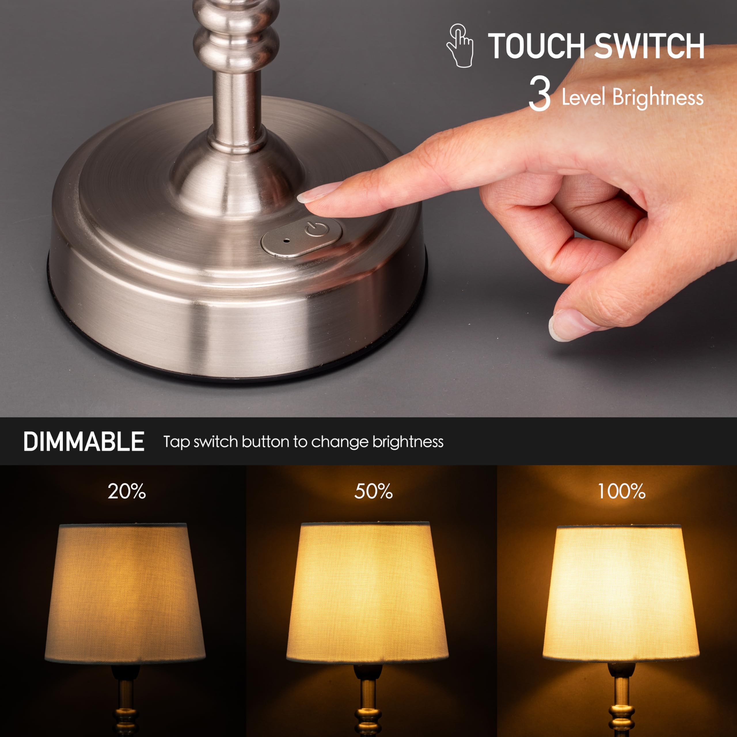 OBright Seraph Mini Cordless LED Table Lamp, Dimmer, 3-Level Brightness, Brushed Nickel, Model OB-TL19BS