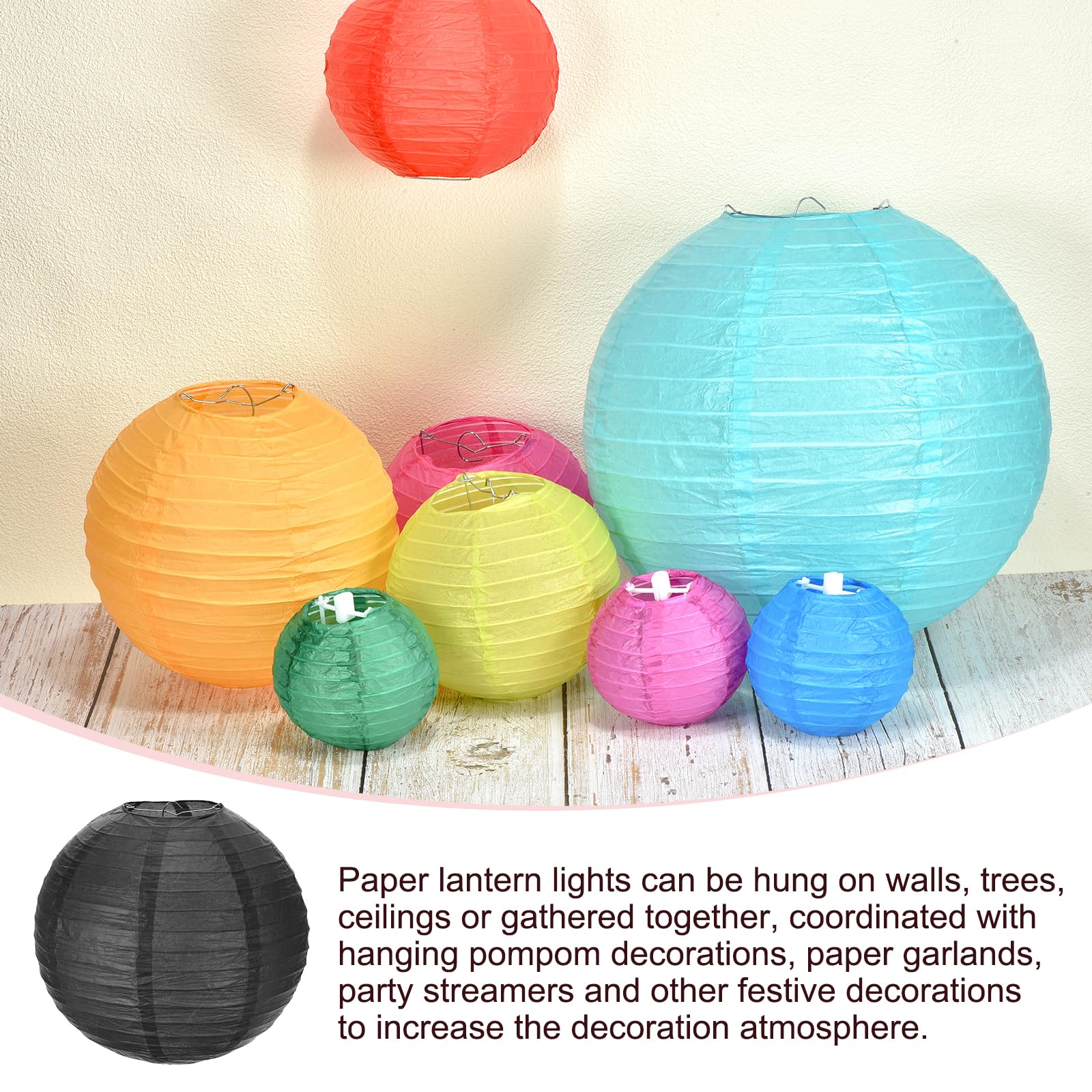 Meccanixity 6Pcs Paper Lanterns Decorative, 6'' 8'' 12'' Black Round Hanging Lantern Chinese Lanterns For Home Decor, Birthday,
