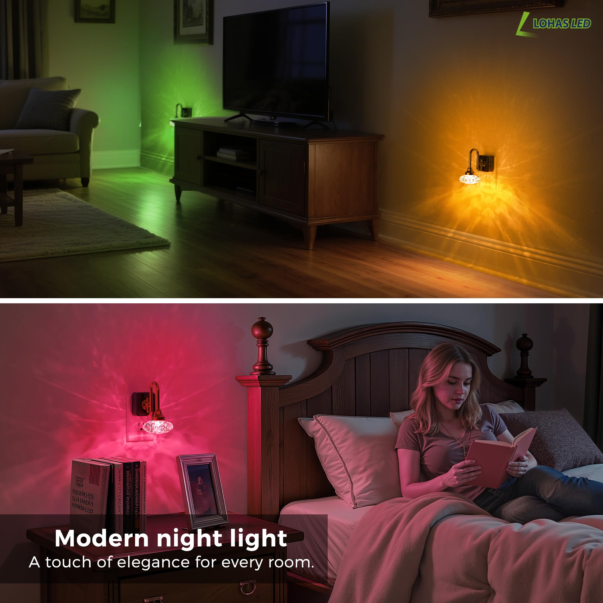 L LOHAS LED Night Lights, 2 Pack RGB Floral Dusk to Dawn, 3 Brightness Levels, Rotatable Plug, Gold Ring-Diamond Pattern, Model A-GY23409ZSUS