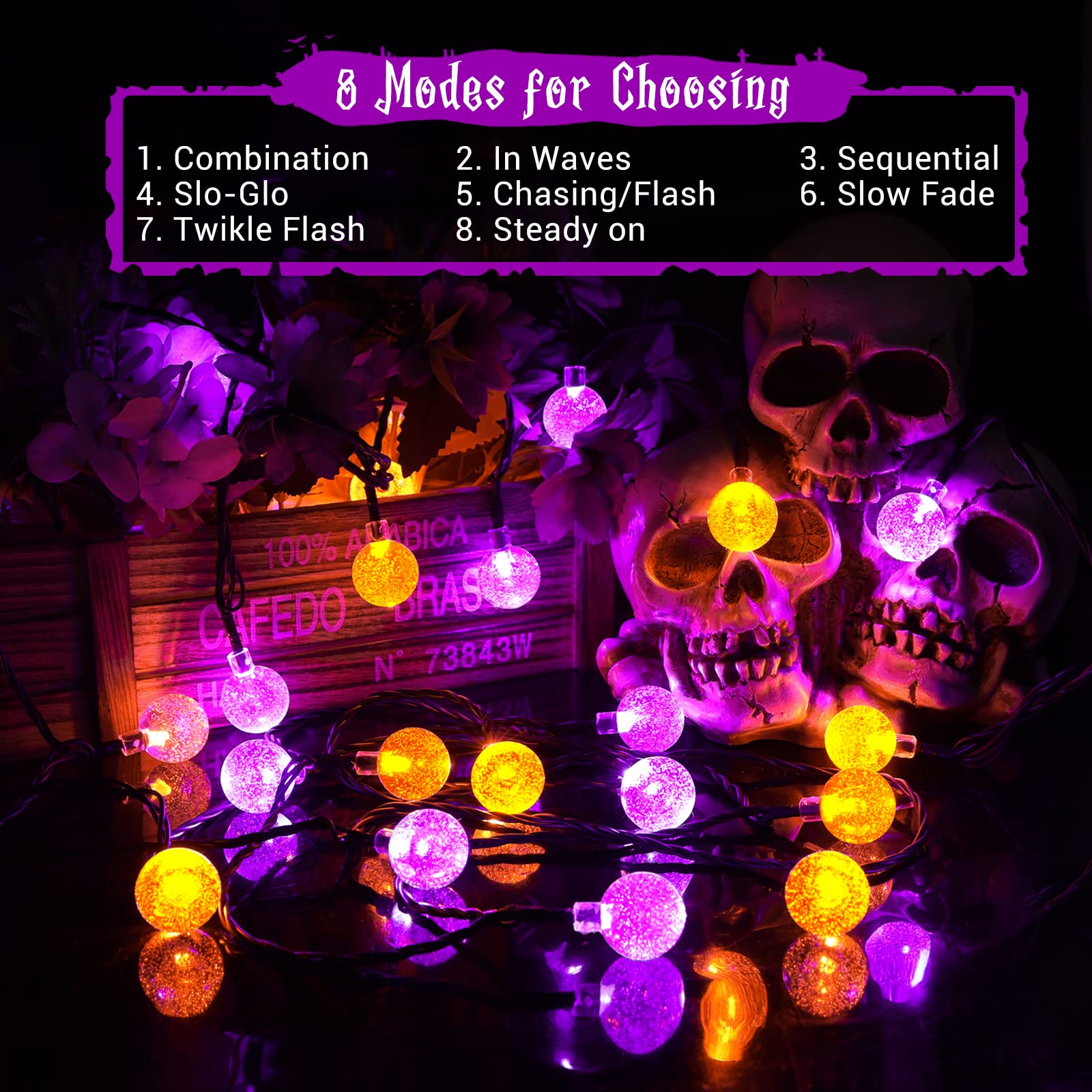 Lomotech 72FT 100 LED Solar Halloween Globe Lights, Waterproof, Orange & Purple, 8 Modes