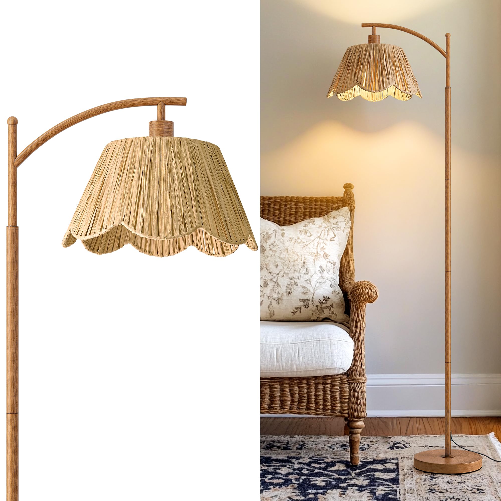 Oneach Rattan Floor Lamp for Bedroom  Boho Floor Lamp with Foot Switch  Farmhouse Standing Lamps for Living Room with Hand-Woven Shade  Walnut Metal Base & Pole