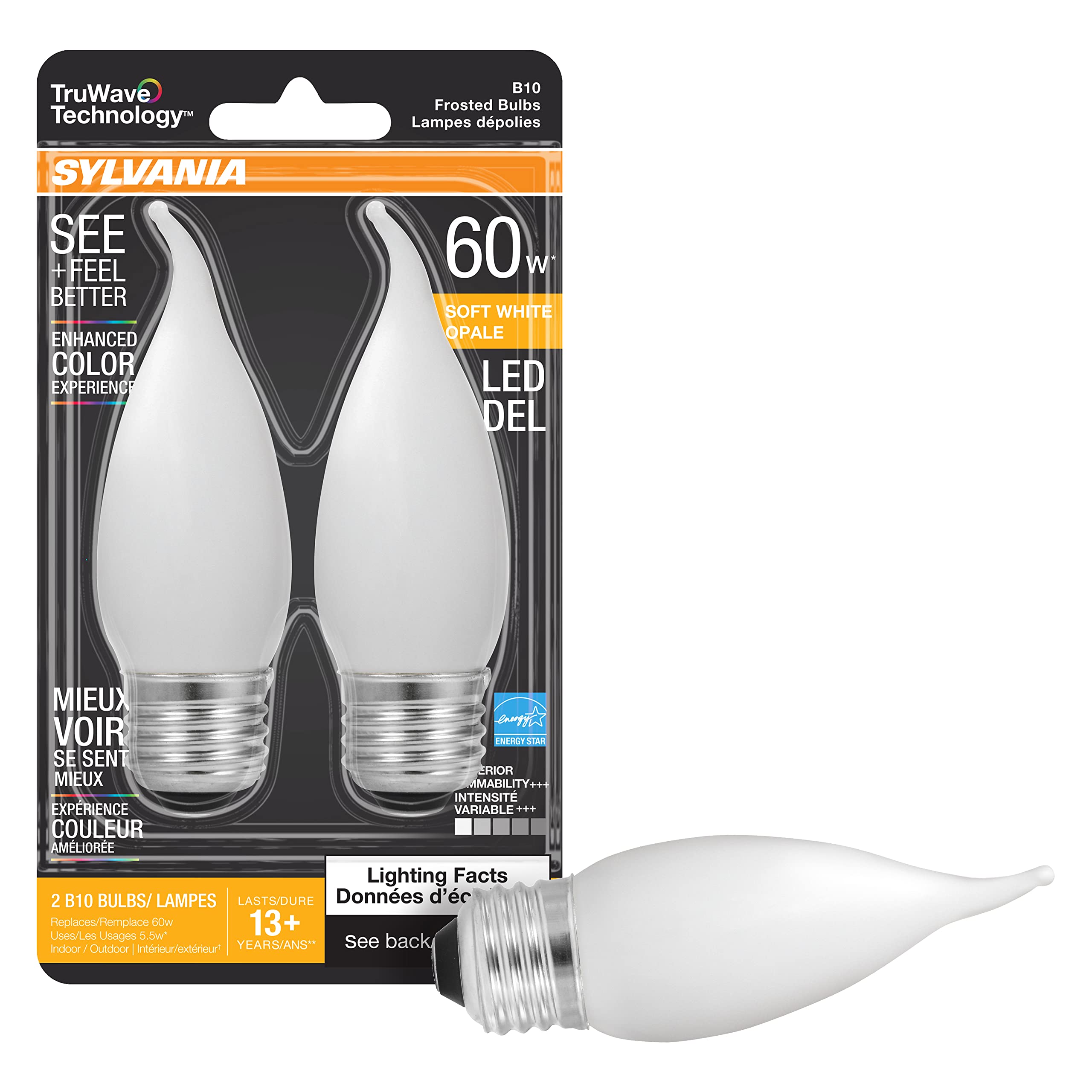 LEDVANCE Candelabra Light Bulb, 60W Soft White, Dimmable, Frosted, 2 Count, Model 40783