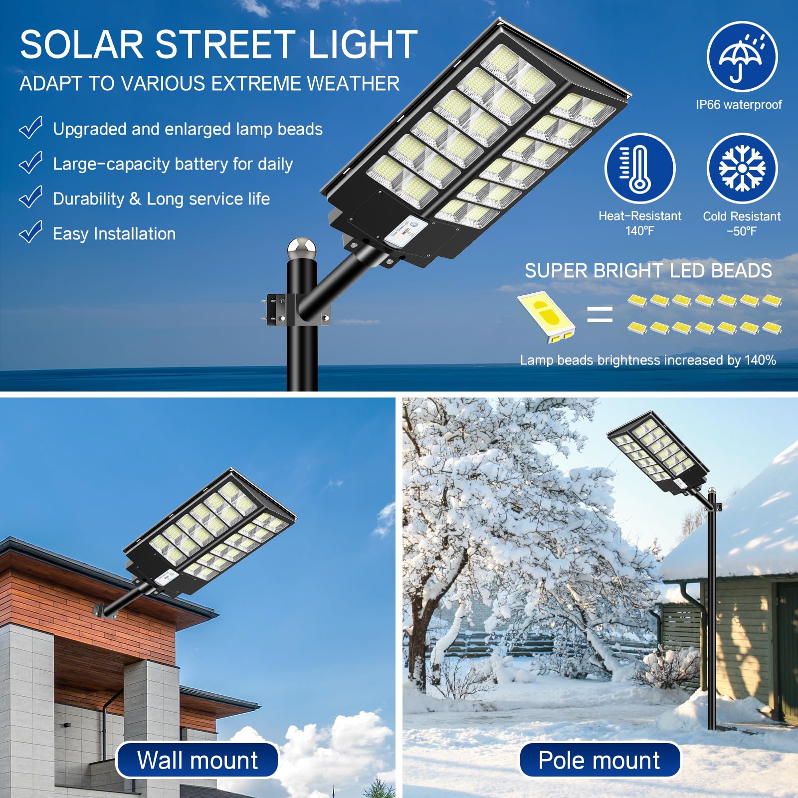 JOYEYE Solar Street Light 6800W - High Lumens 7000K Motion Sensor, 2 Pack, Black